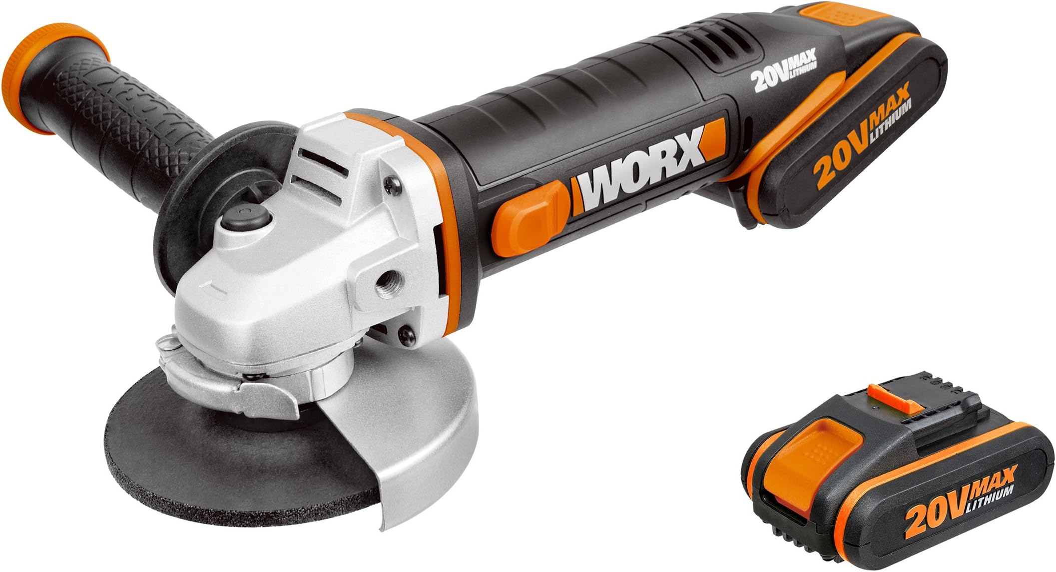 WX800 18V (20V Max) Cordless 115mm Angle Grinder with x2 2.0Ah Batteries, Black