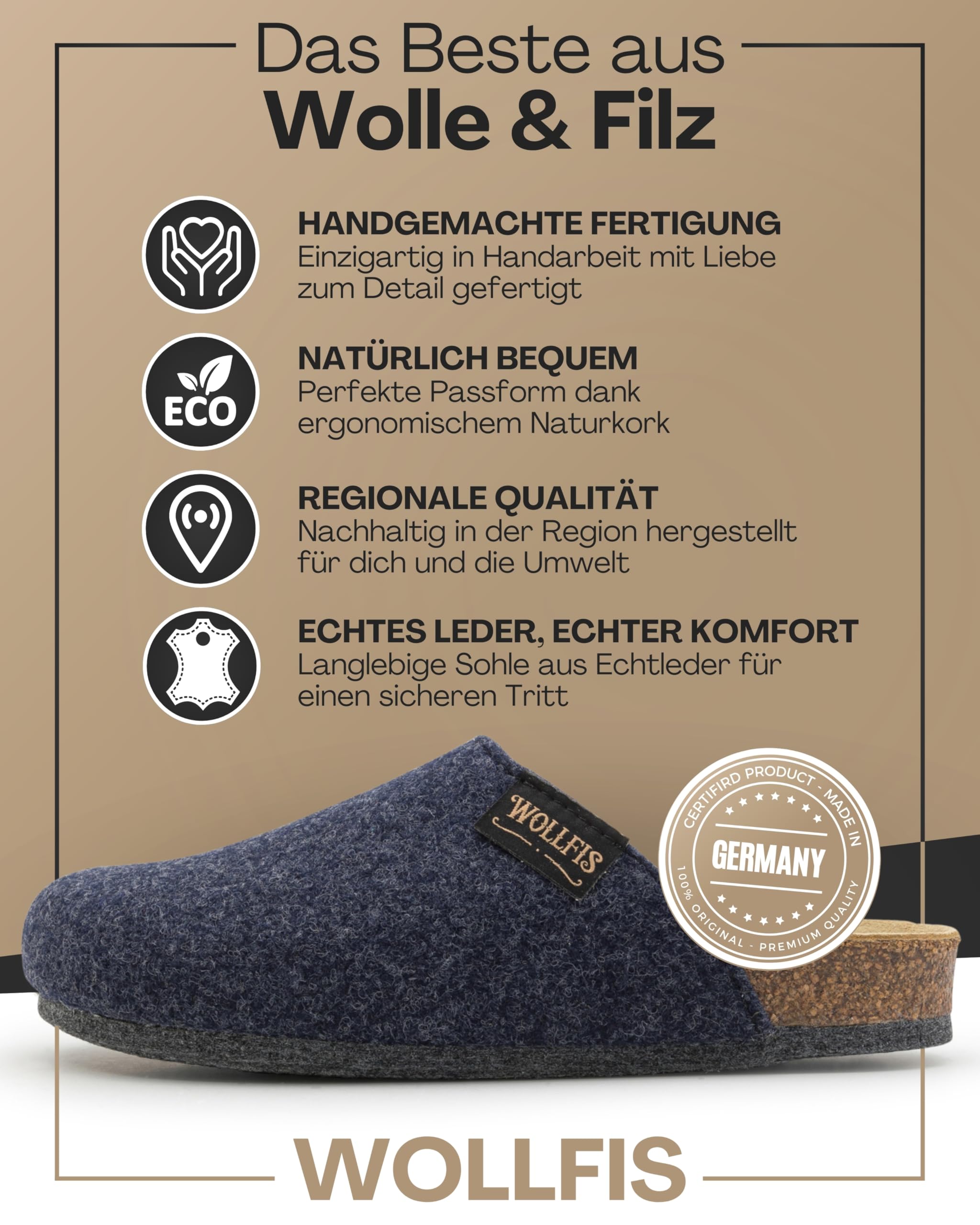 Bio Filzclogs I Elegante Filzpantoffeln aus hochwertigem Kork & Wollfilz I Warme Unisex-Hausschuhe mit ABS Sohle I ergonomisch, atmungsaktiv & rutschfest