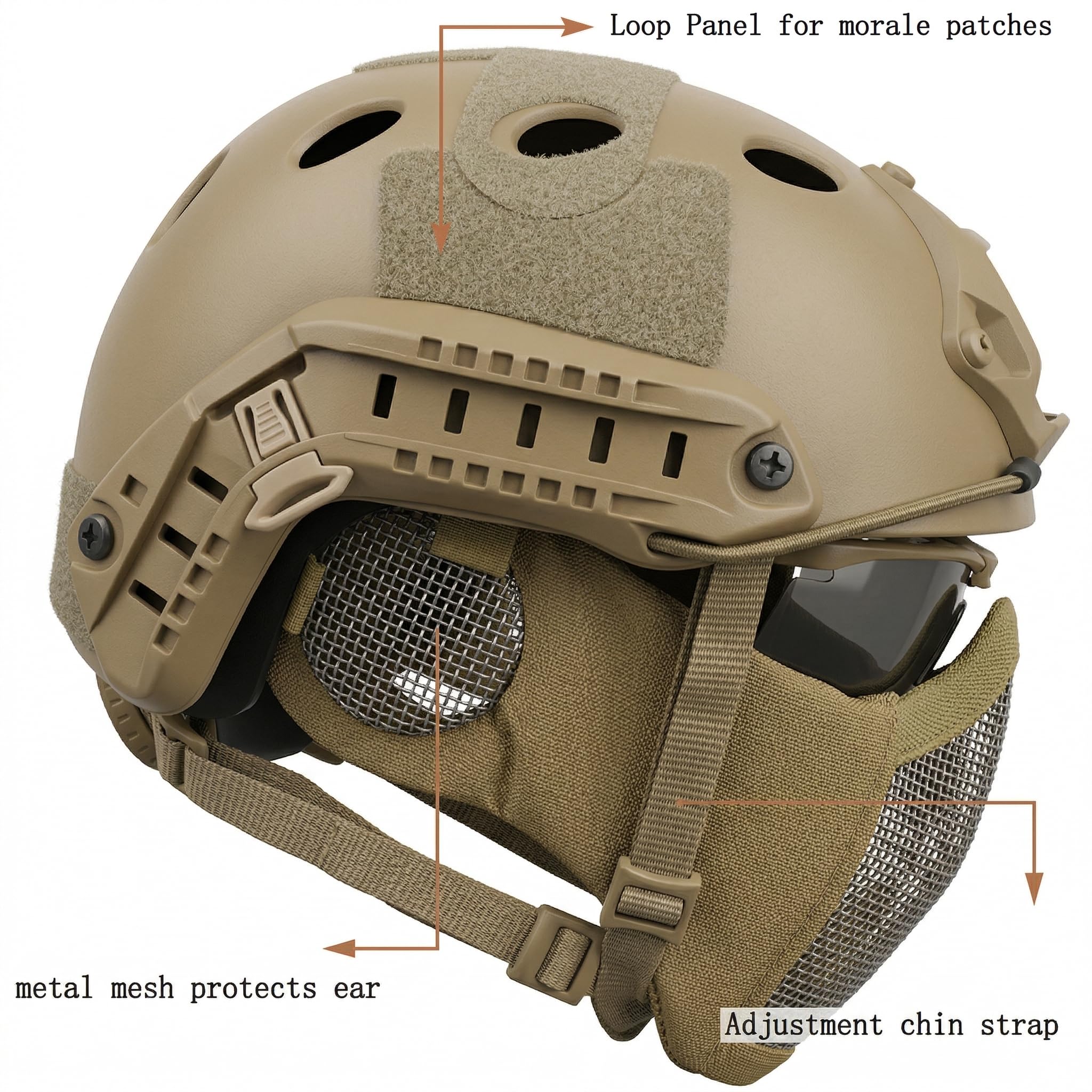 MH taktyczny szybki kask w połączeniu, ze składaną ochroną słuchu, półmaska ​​z siateczką i goglami do zestawu gier Airsoft Paintball CS
