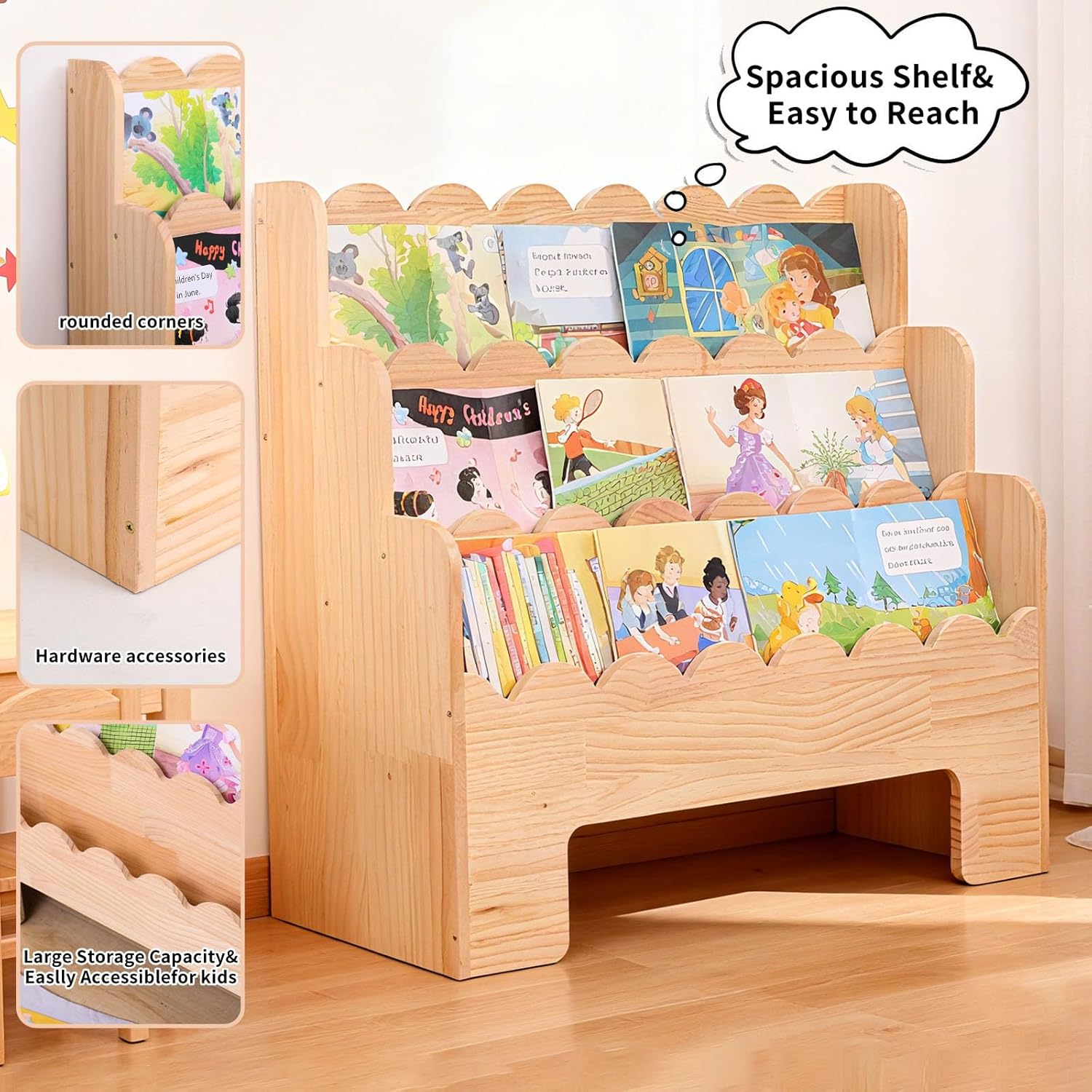 Wooden Kids Bookshelf 3-Tier, Front Facing Toddler Montessori Bookshelf，Scalloped Book Shelf for Kids Rooms, Baby Nursery Book Shelves Classroom Bookcase