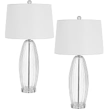 Cal Raisio 150W 3 Way Glass Table lamp with Metal Base and Taper Drum Fabric Shade. Priced and Sold a Pairs.