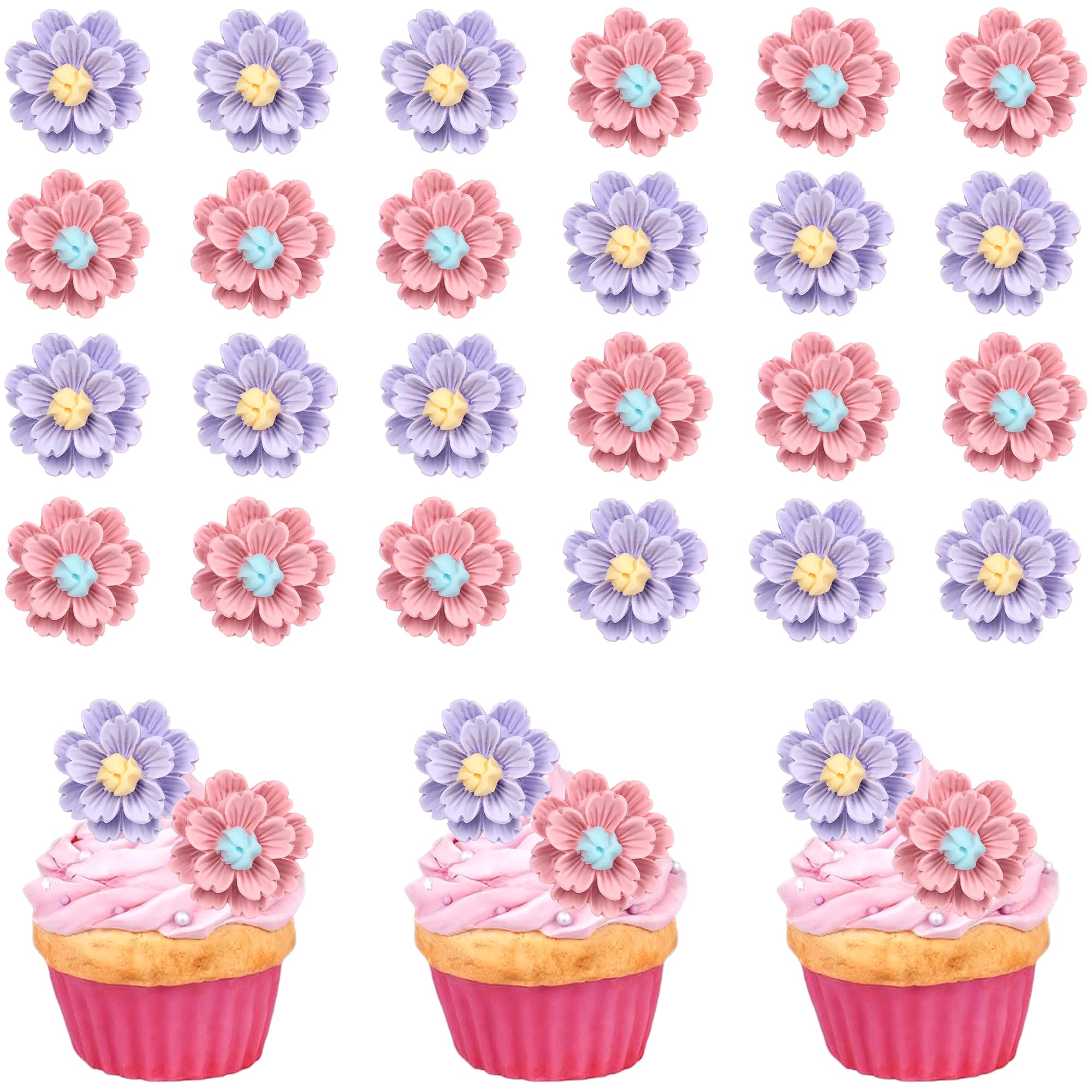 Xsstarmi 30 PCS Flowers Cupcake Toppers Cherry Blossoms Cupcake Topper Flower Birthday Decorations for Fairy Floral Wedding Engagement Baby Shower Birthday Party Cake Decorations Supplies Pink Purple