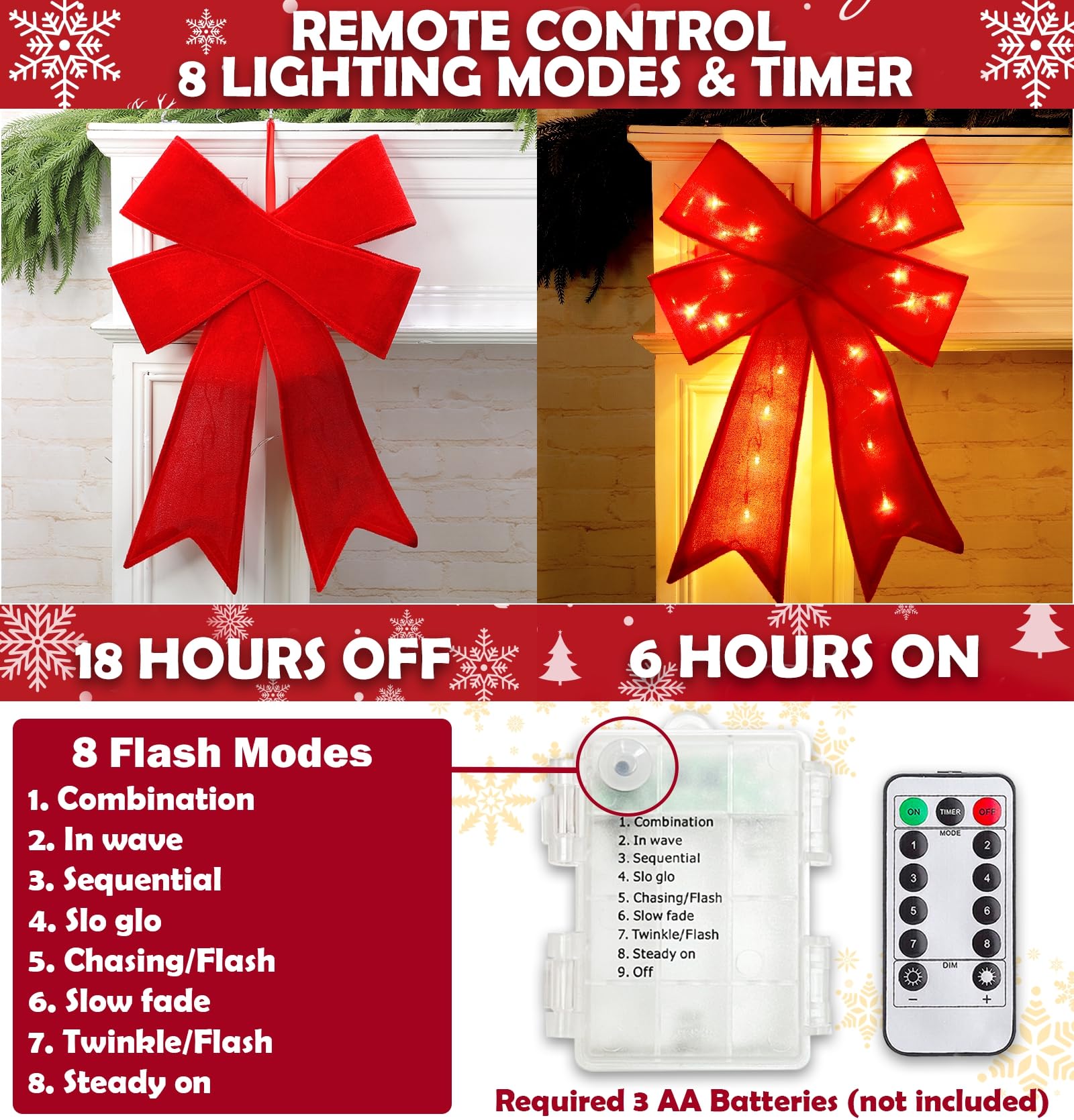 3 Stück 61 x 35,6 cm Prelit rote Weihnachtsschleifen mit 20 LED-Lichtern und Fernbedienung-Timer, 8 Modi, batteriebetrieben, große Samt-Weihnachtsschleifen für Kränze, Girlanden, Baumspitze