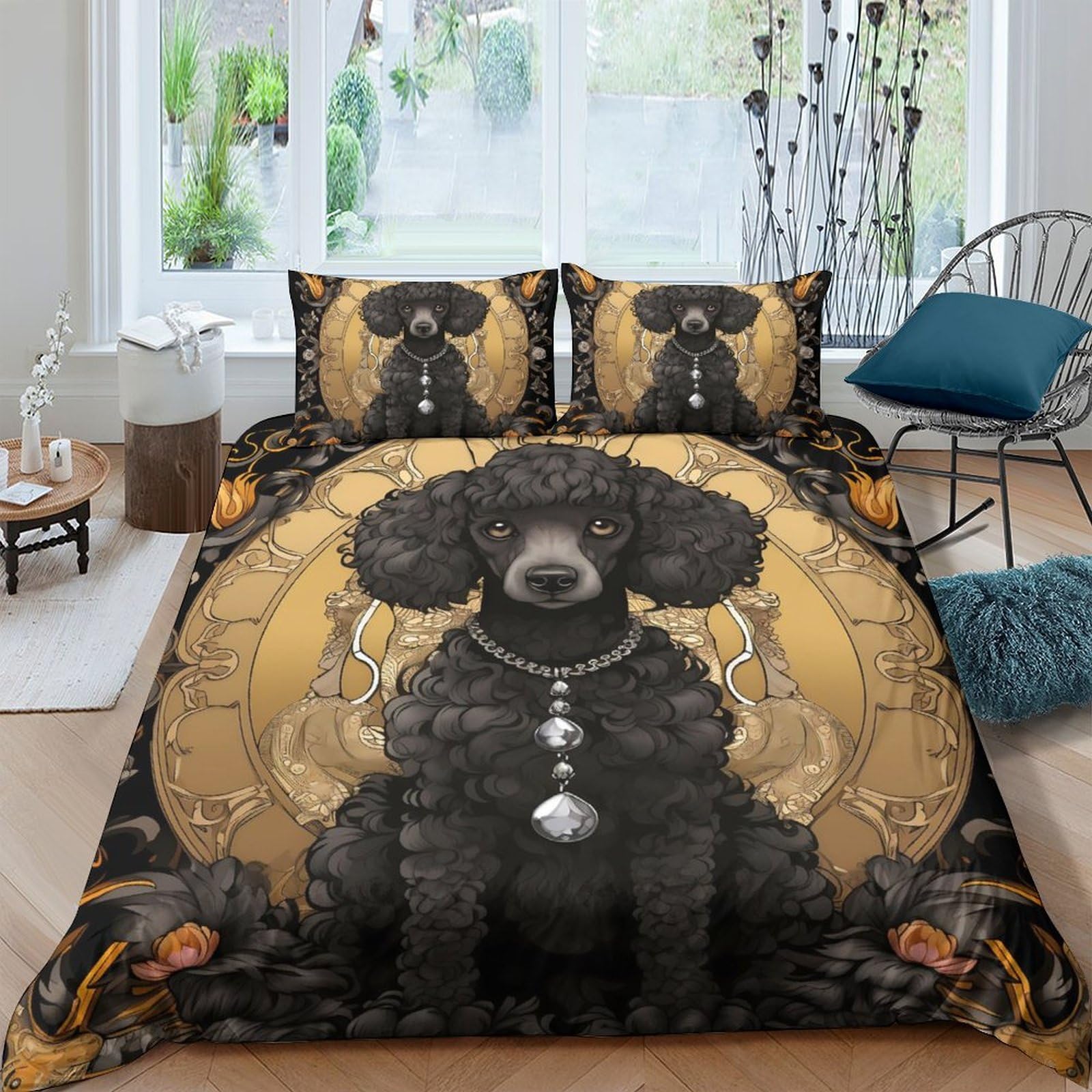 Ctjqhvkz Style-7 3D Printed Black Poodle Art Fitted Sheet Microfiber Soft Washable Gold Pattern Bed Cover For Bedroom Decor Single（135X200cm）