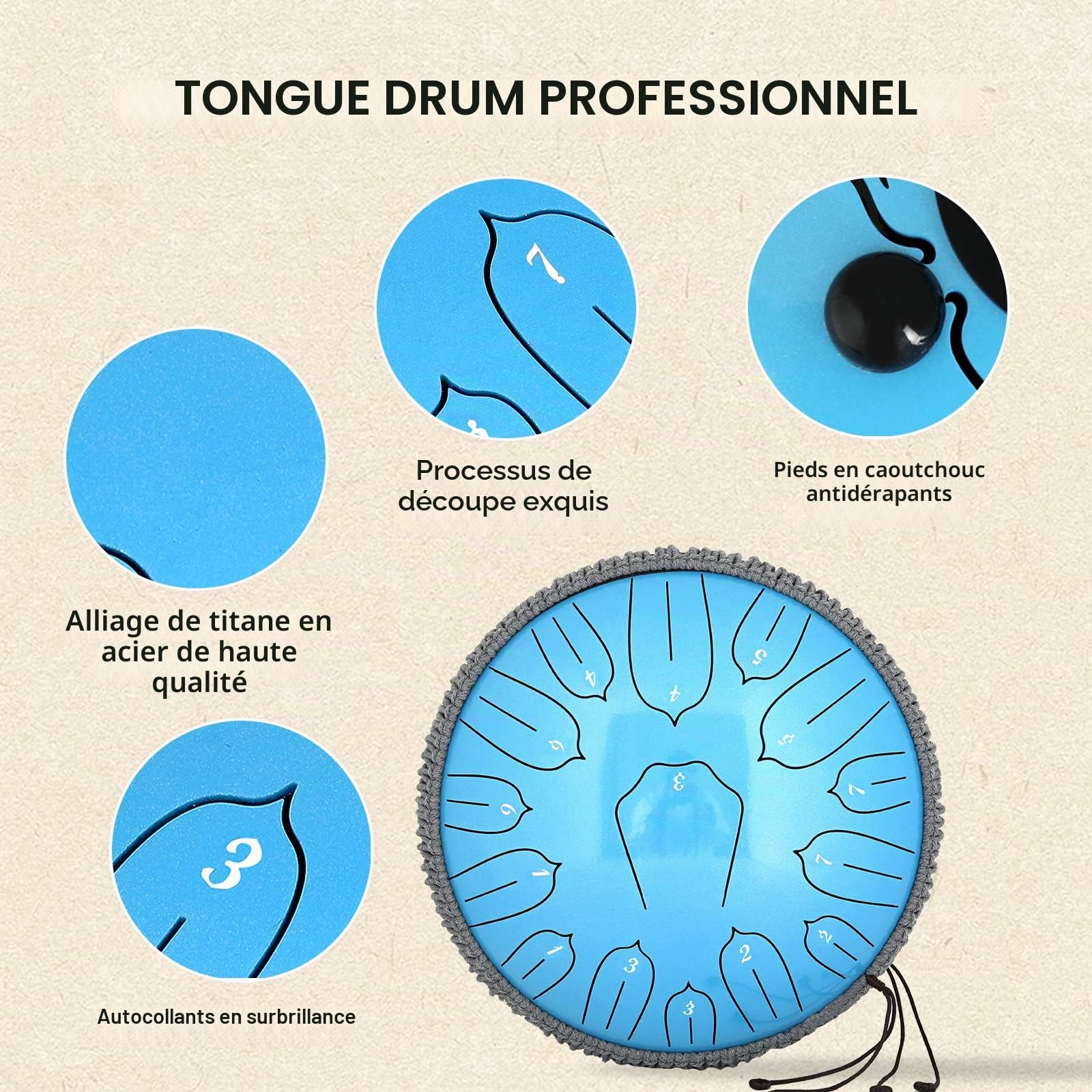 Tambour à langue en acier pour adultes : instrument de musique Handpan Drums Set de 15 notes de 30,5 cm avec sac et livre de musique – Instruments de musique à percussion pour la méditation et le yoga