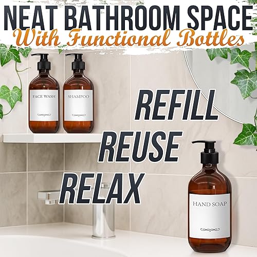 Miniatura 5 de Dispensador de jabón de plástico ámbar con bomba, juego de 3 botellas recargables de champú y acondicionador de 16 onzas, duradero y reutilizable