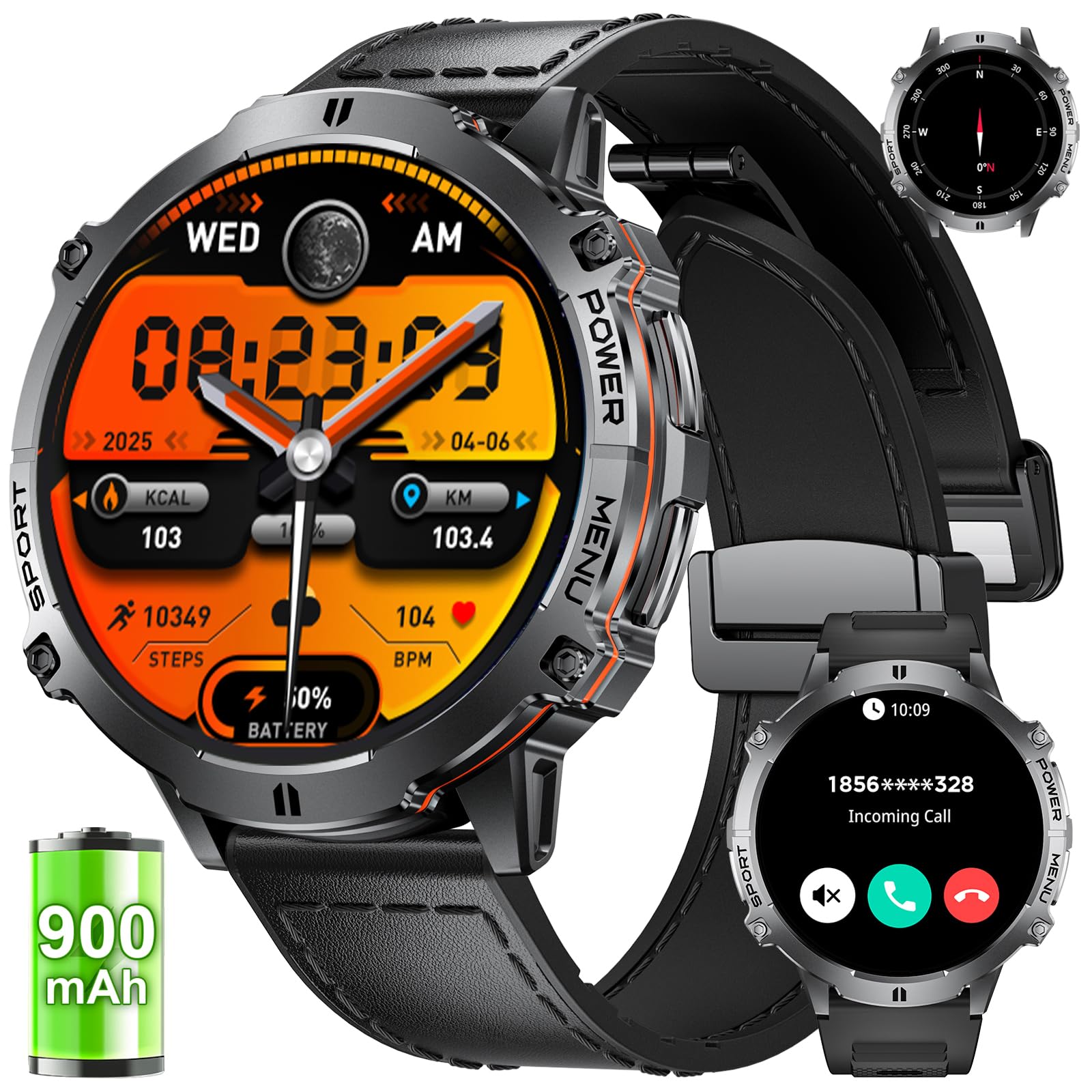 LIGE TX3-G Smart Watch displaying time, steps, calories, distance, heart rate, and an incoming call screen.