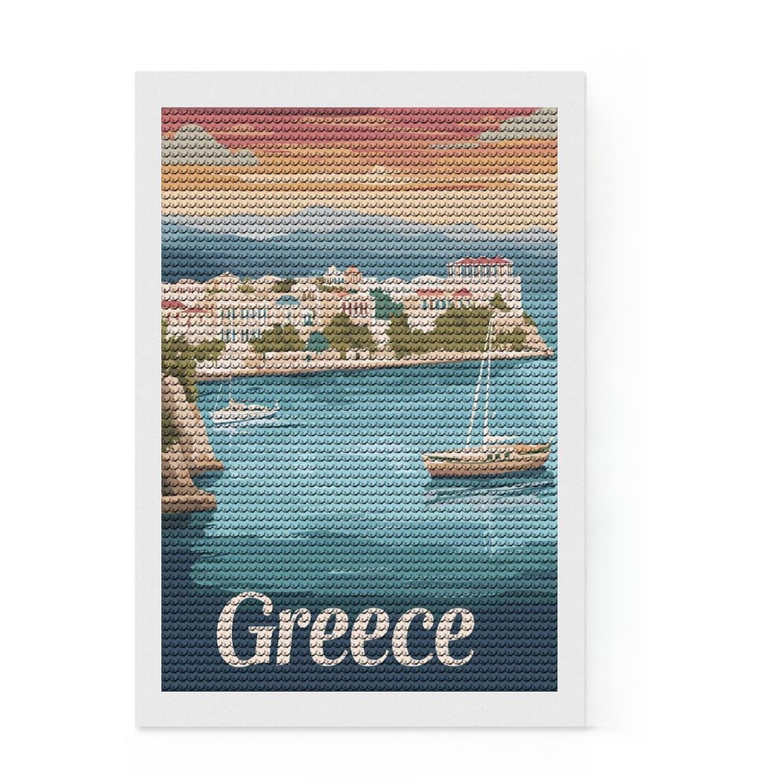 Junmoney Greece Travel Diamond Painting Canvas Set 8"x12", for Craft Lovers, Nice Detail and Sparkle, Boho Decor, Birthday Gift