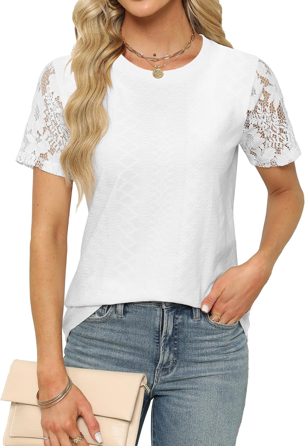 Summer Tops for Women Dressy Casual Short Sleeve Shirts Loose Fit Tunic Ladies Blouses White Tops M - Image 3