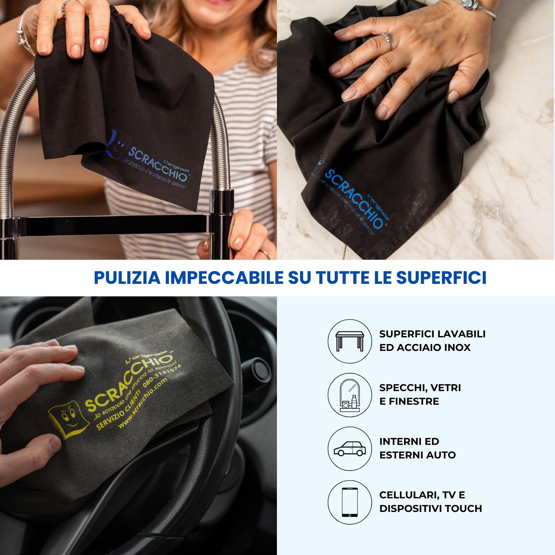 Scracchio L'Originale, il Panno Magico in Microfibra Brevettata con Durata +5 anni che pulisce Solo con Acqua. Panno multiuso, pulisci dai Vetri all'Acciaio con Zero Aloni, risultato Garantito. (2pz)