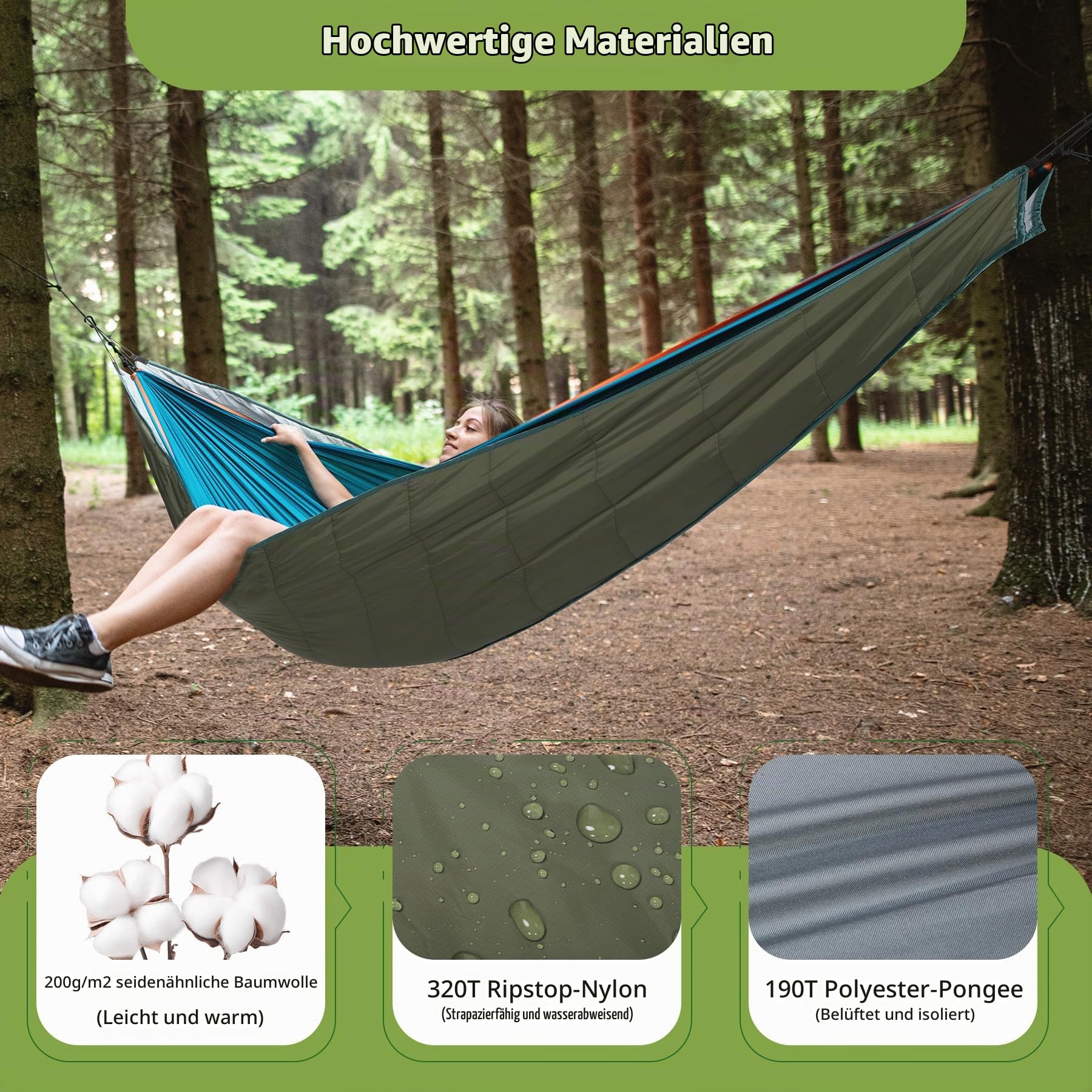 REDCAMP Hängematte Underquilt, 3-Jahreszeiten, 5°C bis 20°C, warm, Grün | ultraleicht Unterdecke, Kälteschutz, Wärmeschutz, tragbar, kompakt, langlebig, für Outdoor Camping Wandern Reisen, weich