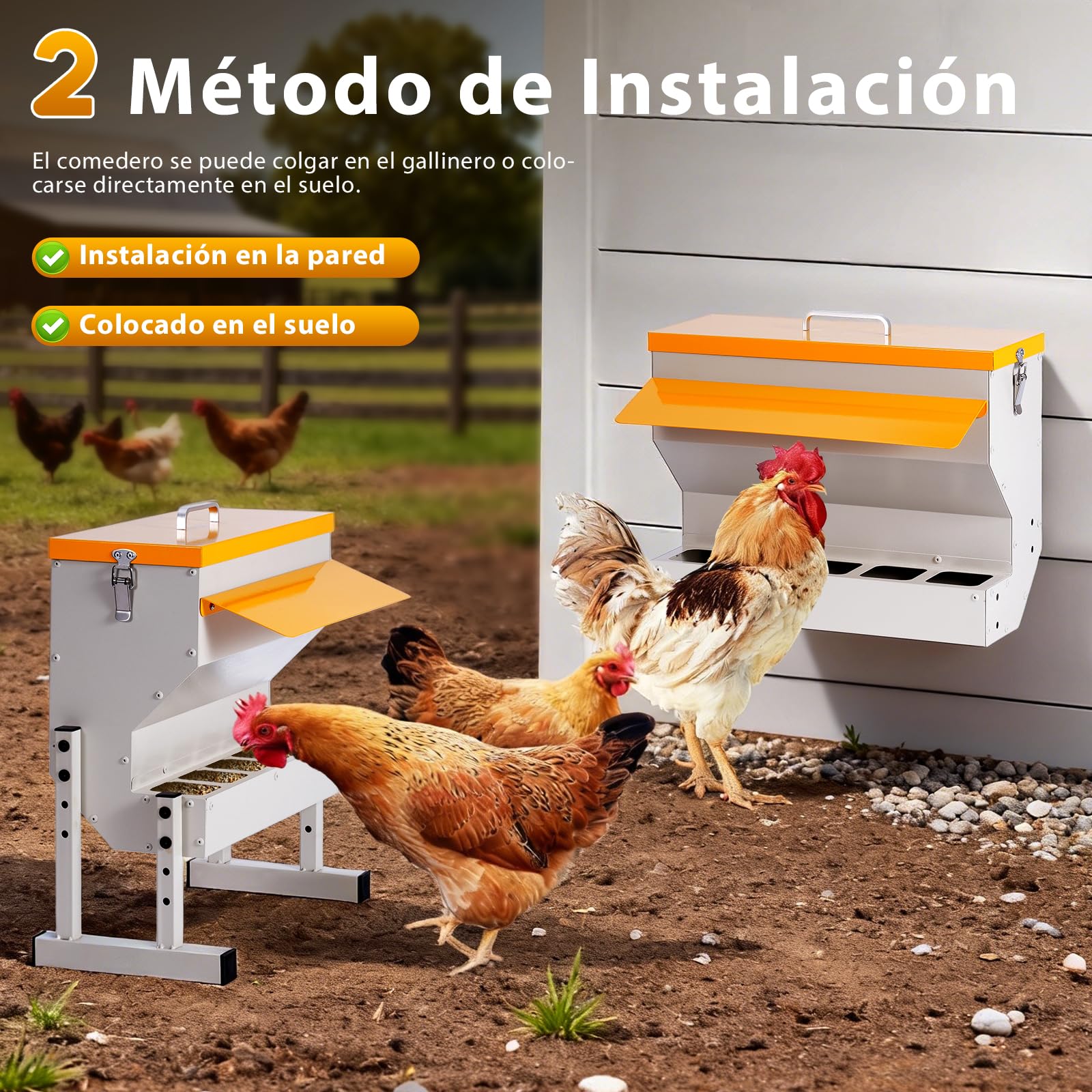 Comedero Automático de Gallinas de Metal de 16 L con Patas, Colgante, Firme | Distribuidor Automático de Alimento para Pollos, Aves de Corral y Patos, 5 Tazones de Pollo, Fácil de Montar y Limpiar