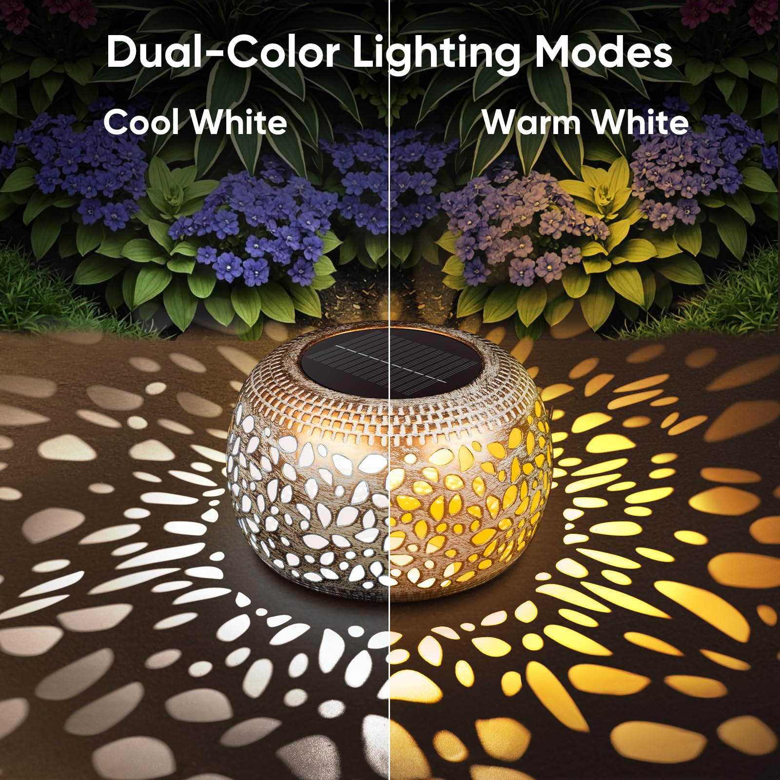 Lot de 2 lanternes solaires d'extérieur étanches en métal blanc doré – 2 couleurs d'éclairage pour extérieur, patio, jardin, cour, porche, décoration de table – Cadeaux uniques pour femme