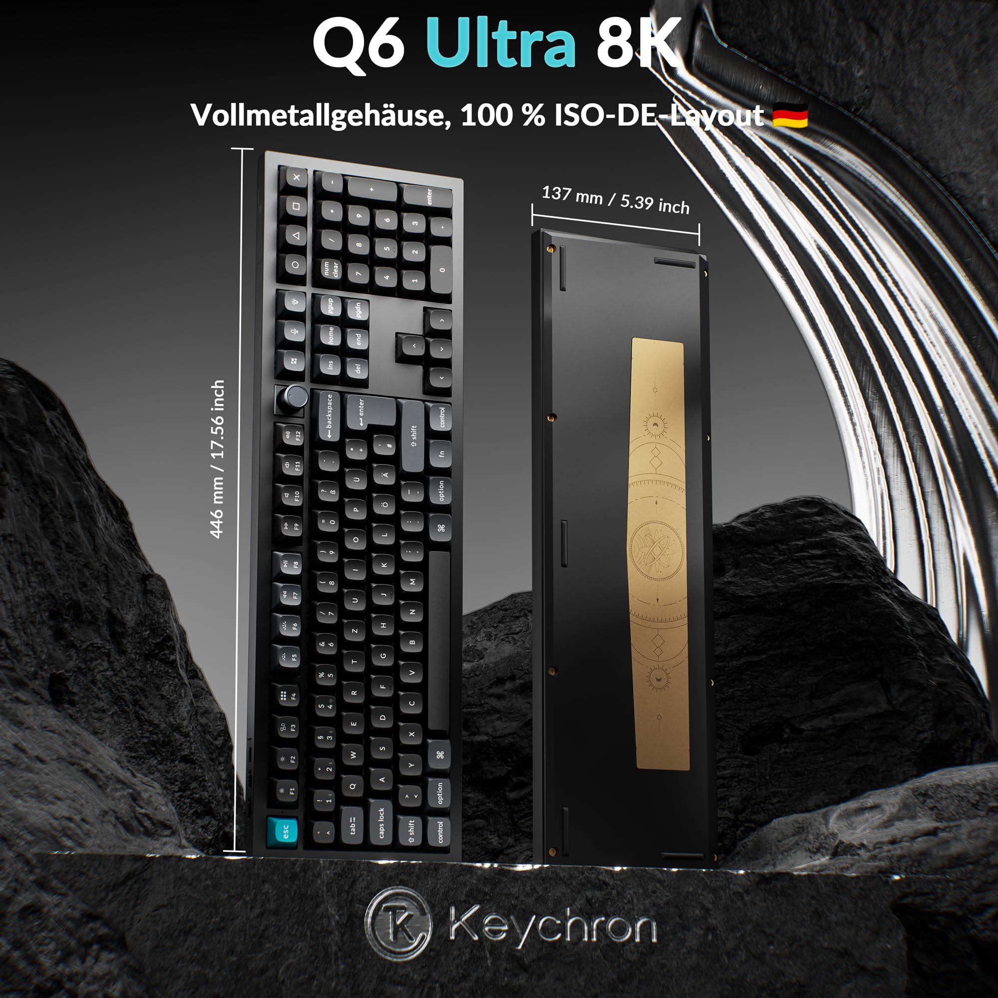 Keychron Q6 Ultra 8K – Kabellose mechanische Tastatur mit ISO-QWERTZ-Layout | 8000 Hz - Vollmetallgehäuse - 2,4 GHz/Bluetooth 5.3/USB-C - Red-Schalters - Schwarze Gaming-Tastatur für Mac/Windows/Linux