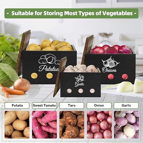 Miniatura 2 de Contenedor de almacenamiento de papas y cebollas, recipientes de almacenamiento de madera y ajo para encimera de cocina, 3 piezas de ajo, papas y