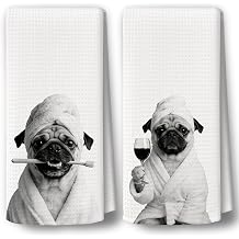 Dog Kitchen Towels Decor Set of 2 - Funny Pug Hand Tea Towels, Retro Black Puppy Dog Owner Gifts for Women Men Dish Towel Dishcloths Decorations for Home Bathroom, 16"x24"