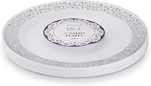 Miniatura 2 de Laura Stein - 60 platos de 7 pulgadas - Vajilla de diseñador de plástico pesado de alta calidad, platos de ensalada con borde plateado, plato de