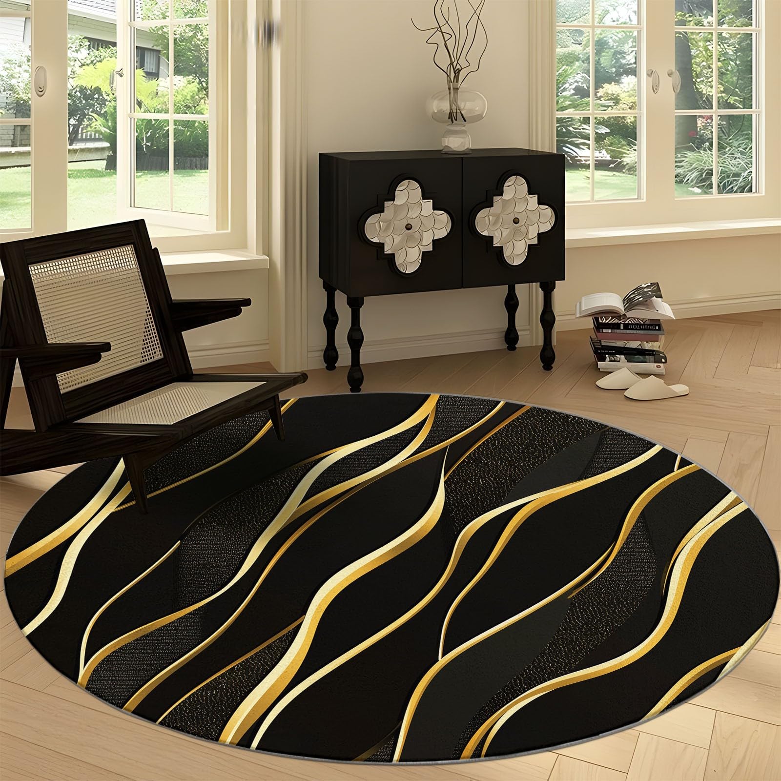 Washable Round Carpet 8 ft, Luxury Gold Wave Stripes Non-Slip Circle Rugs, Under Bed Low-Pile Floor Carpets, Soft Black and Gold Printed Rugs for