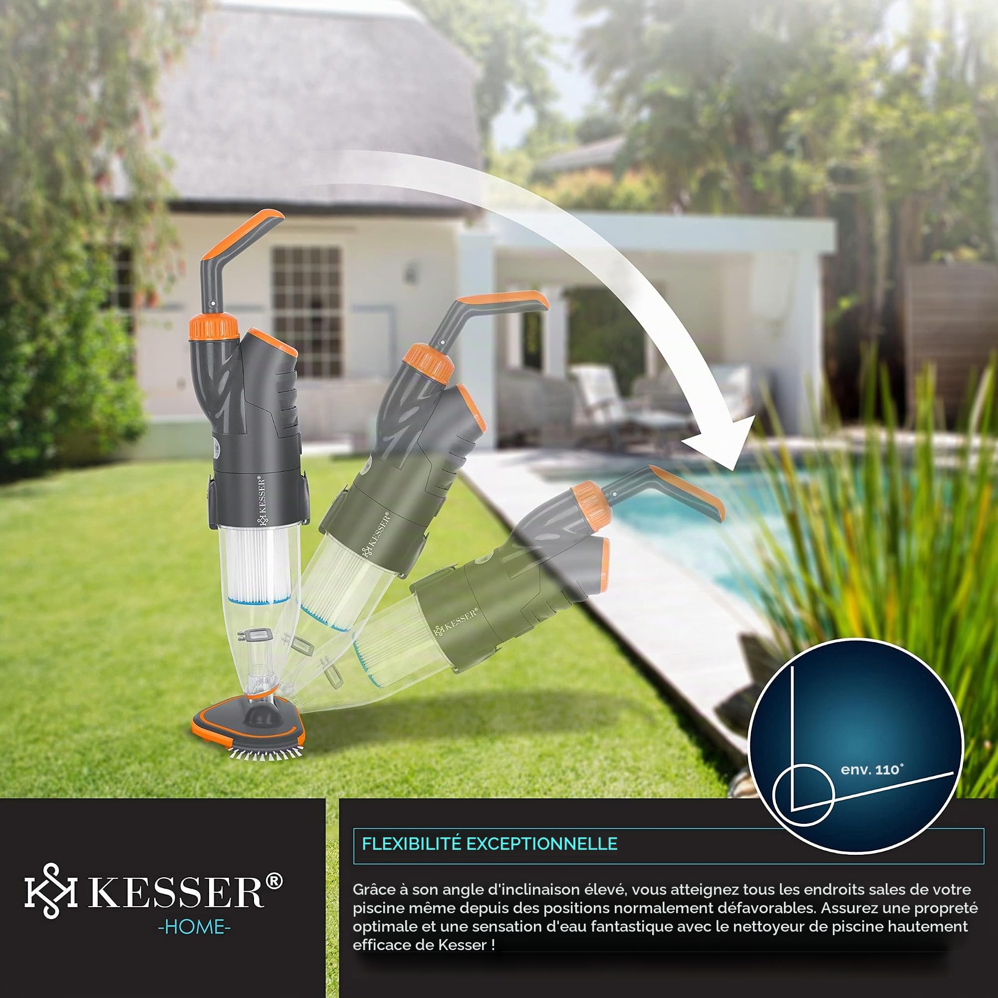 KESSER® Aspirateur de piscine avec batterie | Aspirateur électrique à main pour piscines | Nettoyant de piscine | Kit de nettoyage jusqu'à 15 m³ avec housse de protection