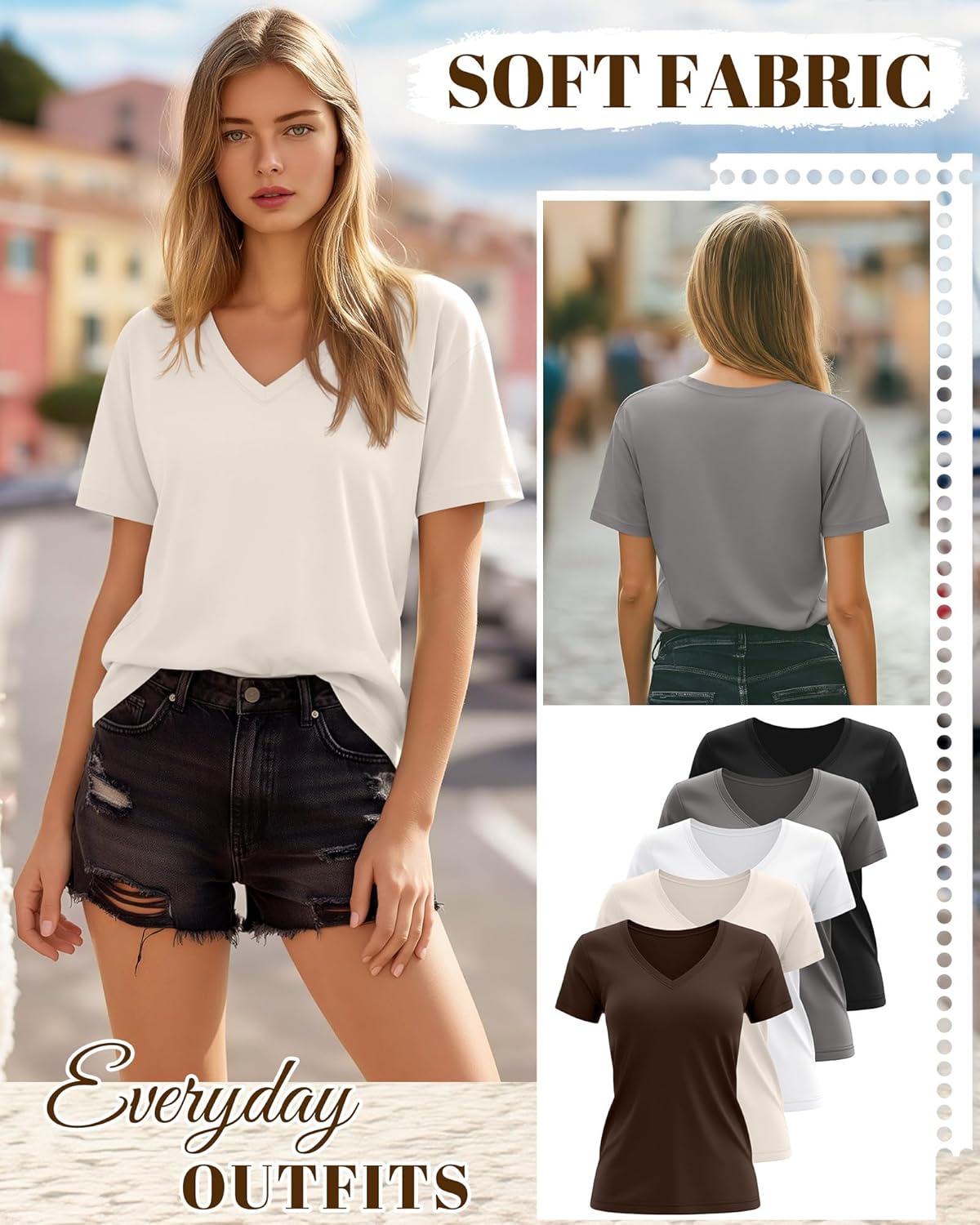 Huukeay Womens 5 Pack V Neck Basic Tees Comfortable Casual Short Sleeve T Shirts Solid Color Tops for Summer Flat Hem - Image 5