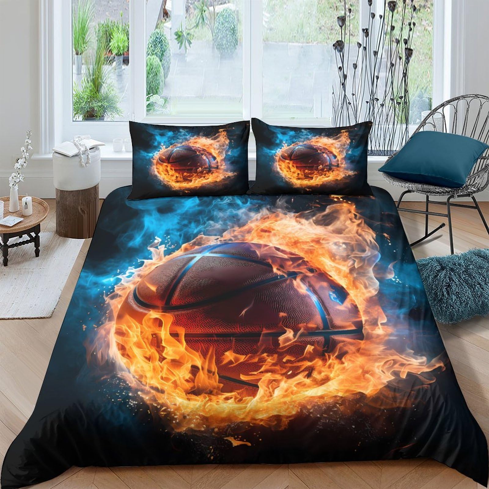Ctjqhvkz Style-5 3D Printed Fire Basketball Fitted Sheet Microfiber Orange Blue Flame Mattress Cover For Bedroom Decor Dorm Room Single（135X200cm）