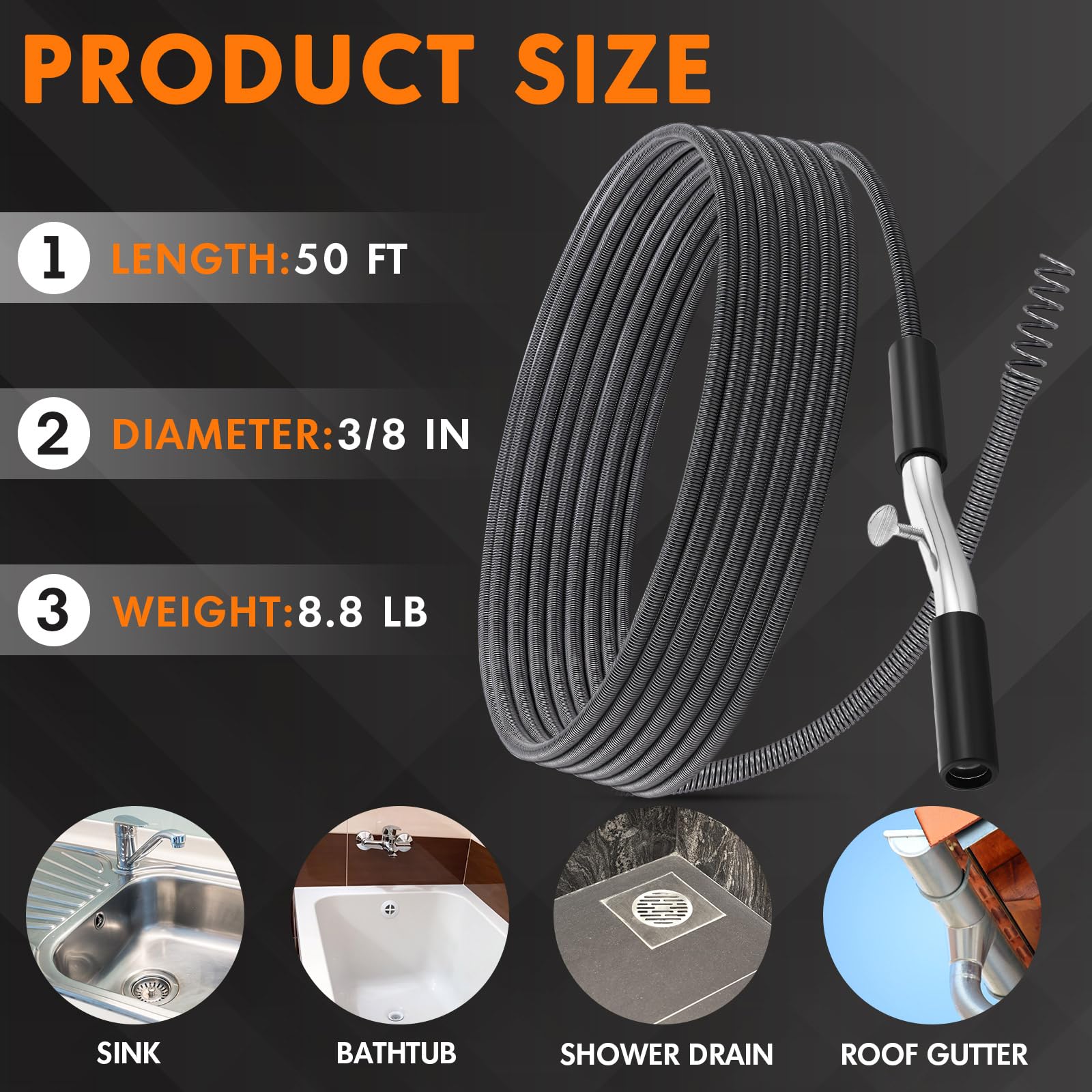 Threlaco Serpiente de fontanería de 50 pies para bloqueos profundos y pesados de 3/8 pulgadas de diámetro, cables de fontanería flexibles para cocina, baño, ducha, fregadero, limpieza, obstrucciones