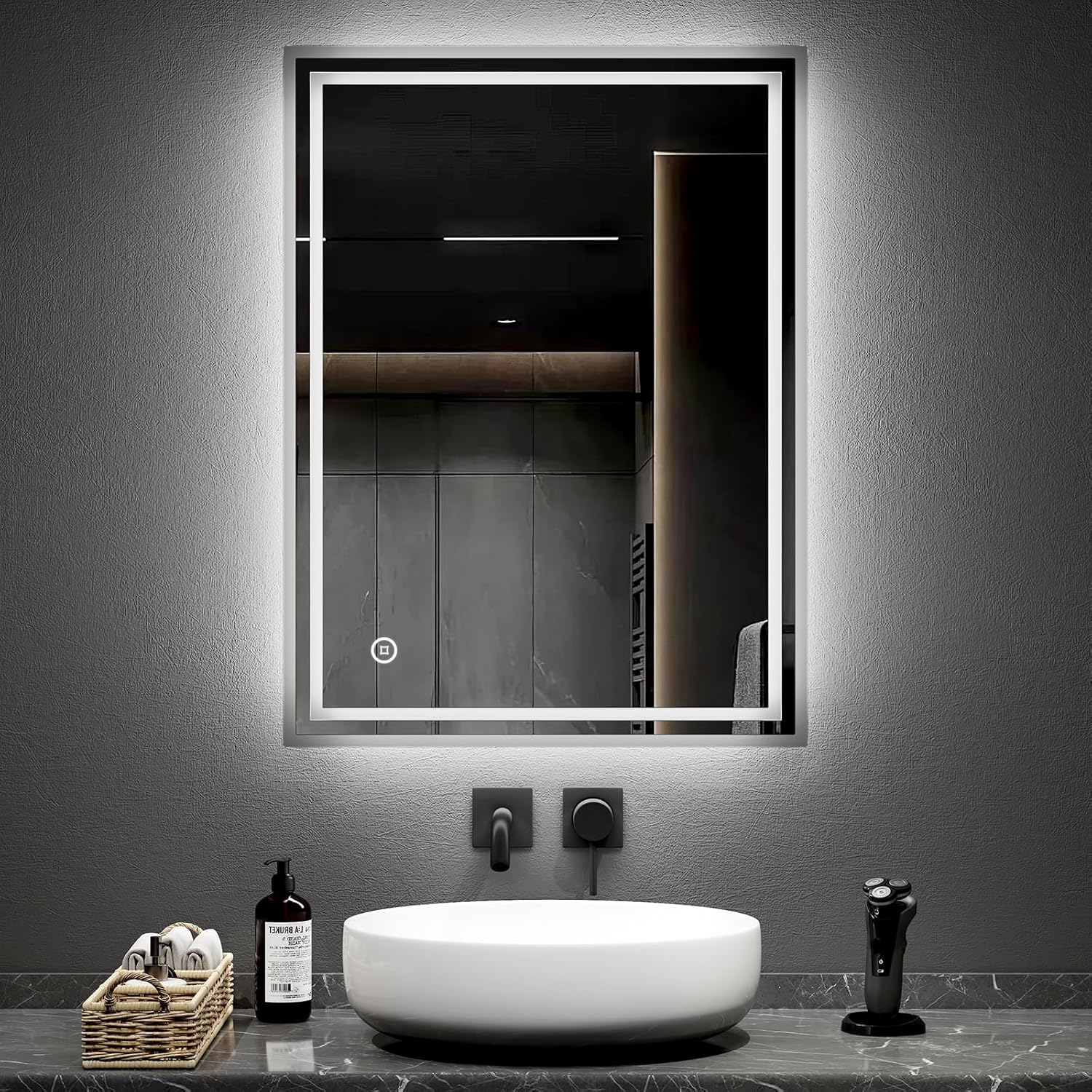 EMKE Bathroom Mirror with LED Lights, 800x600 MM Wall Mounted Shaver Socket Bathroom Mirrors