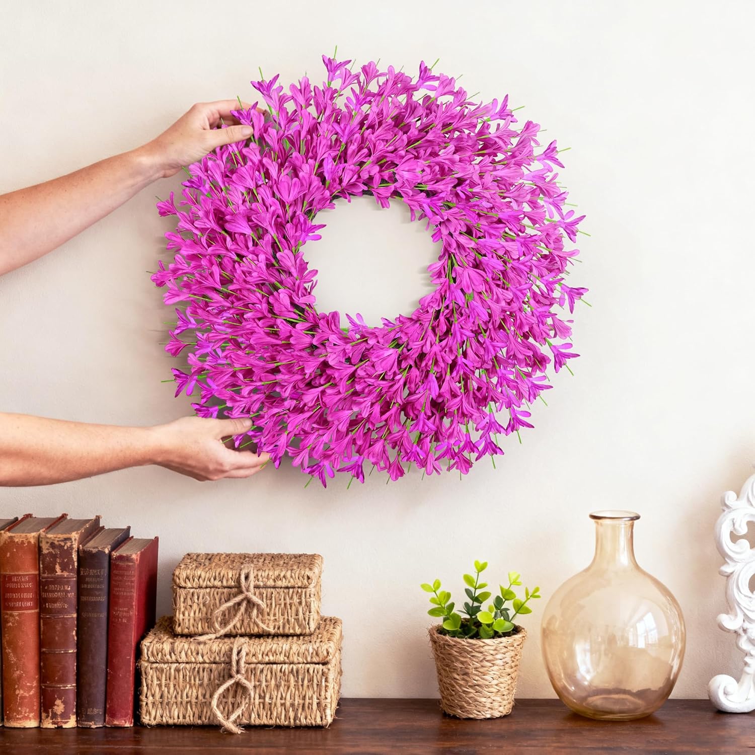 26 Inch Spring Wreaths for Front Door Large Easter Valentines Forsythia Floral Summer Spring Door Wreaths Outdoor All Season Spring Decor for Home Porch Room Window Wall Farmhouse Decor(Rose red) - Image 9