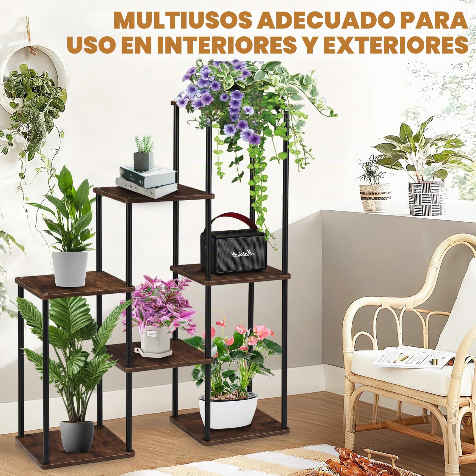 Soporte para Plantas de Interior y Balcón | Portaplantas Ahorra Espacio de Varios Niveles con Efecto Madera, Estructura Metálica Estable, Montaje Fácil