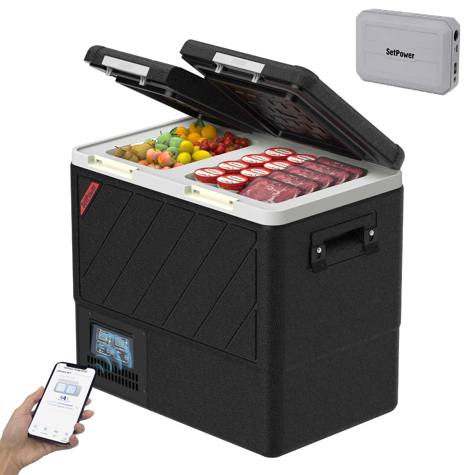 Setpower DT55 Portable Refrigerator with PG216 Mobile Power, 59QT(55L) Dual Zone 12 Volt Fridge Freezer with APP Control, Fast Cooling Electric Coolers for Vehicles, Camping, Traveling
