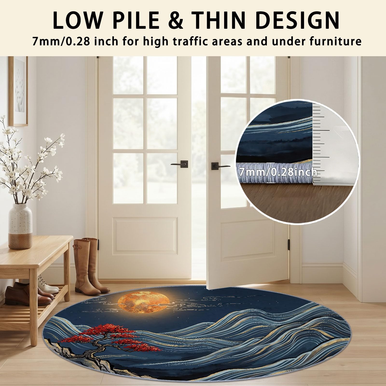 Tapis Rond de Salon 100 cm, Moderne Classique Montagnes Lune Imprimé - Bleu pour Salle à Manger Bureau Chambre, Lavable en Machine et Poil Court Tapis Rond avec Dos Antidérapant