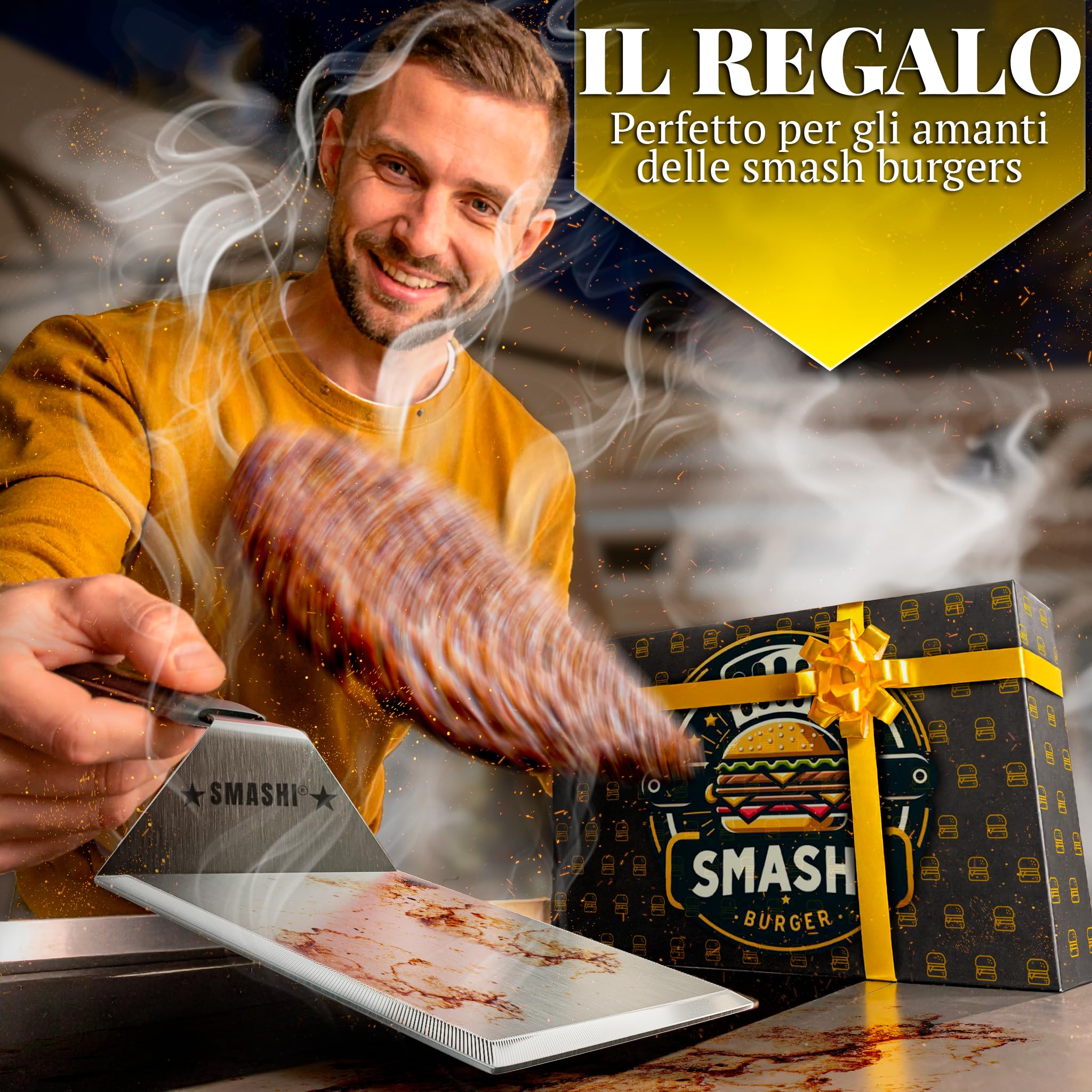 SMASHI® Kit Smash Burger – Smash Burger Press in Acciaio Inox 304 con Spatola, Cupola, 30 Fogli Antiaderenti – Kit BBQ Professionale per Smash Burger Fatti in Casa