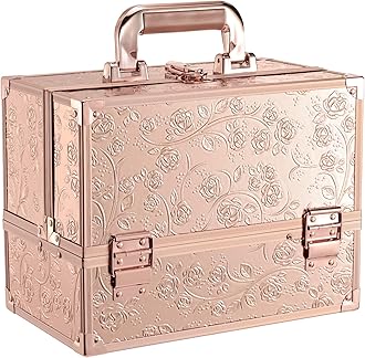 FRENESSA Makeup Case 11.8 Inch Makeup Organizer Case Large Cosmetic Box with Mirror Portable 3 Trays Travel Storage Box for Make Up Nail Tech Kits Cosmetology Case 3D Rose Gold Floral