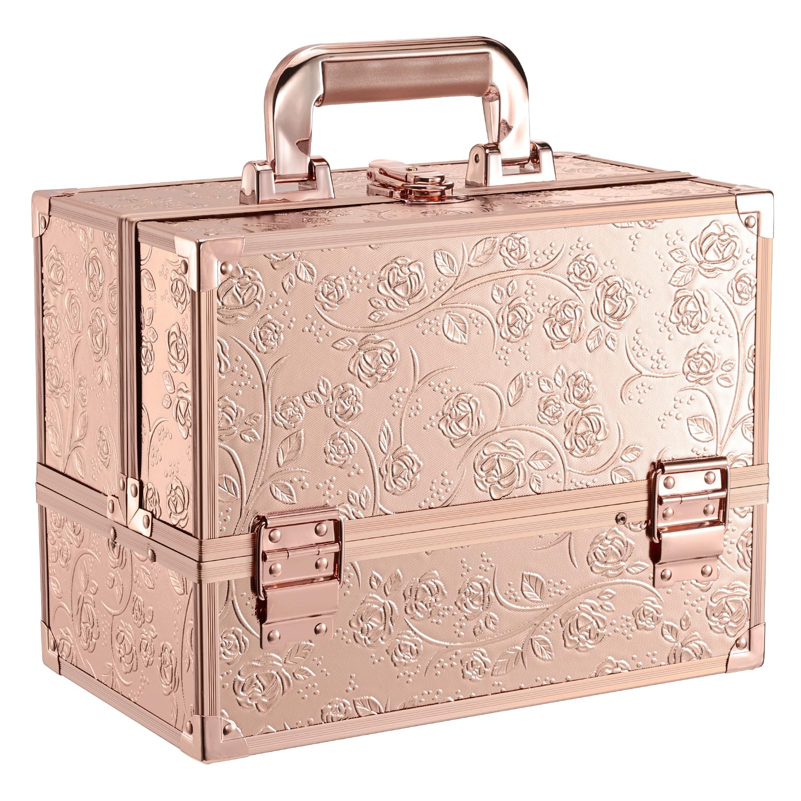 FRENESSAMakeup Case 11.8 Inch Makeup Organizer Case Large Cosmetic Box with Mirror Portable 3 Trays Travel Storage Box for Make Up Nail Tech Kits Cosmetology Case 3D Rose Gold Floral