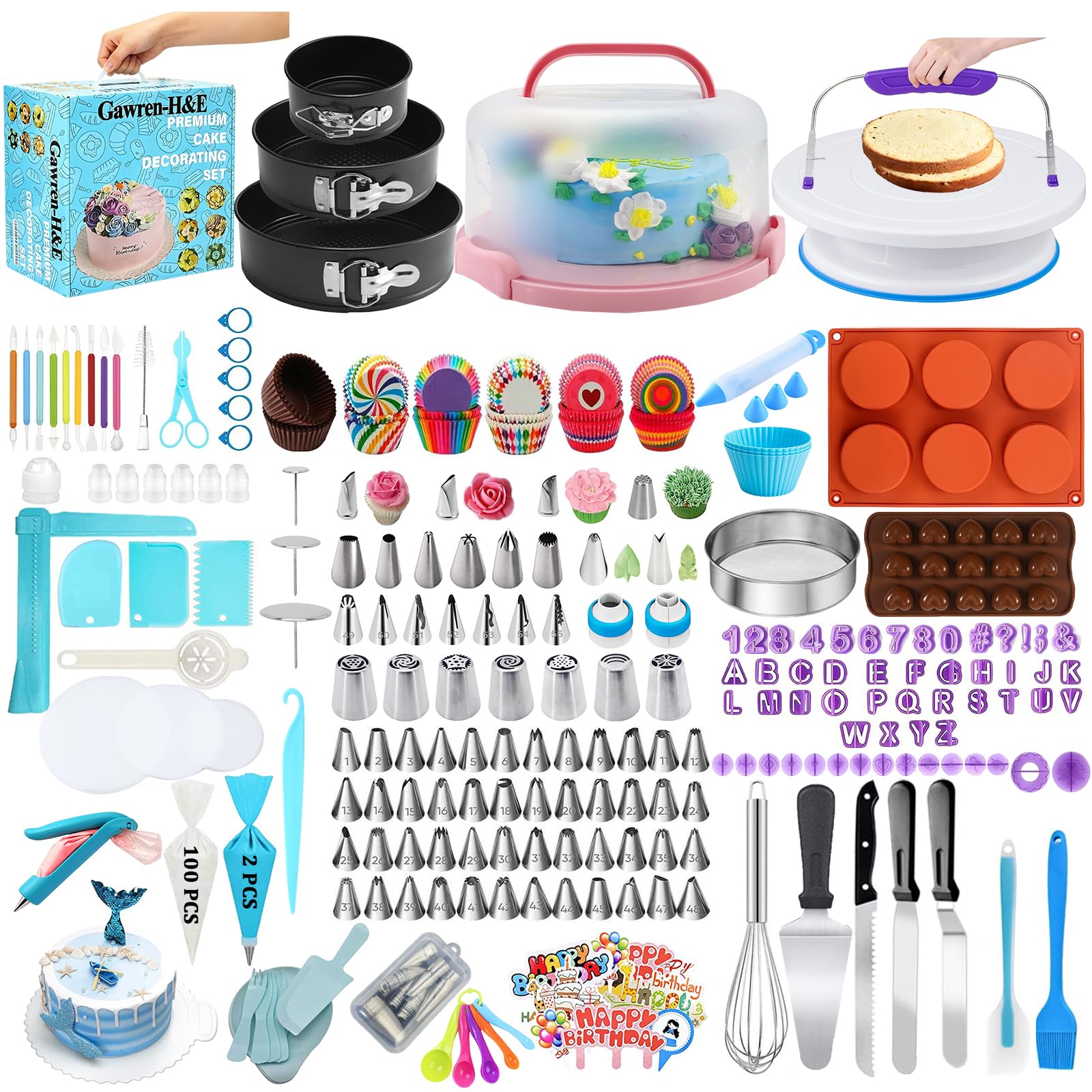 Gawren-H&E 678pcs Cake Decorating Kit,Baking Supplies with Decorating Tools,Cake Carrier,Cake Turntable,Piping Bags and 74 Tips,Springform Pans,Cake Decoratng Supplies Kit for Beginners/Professional