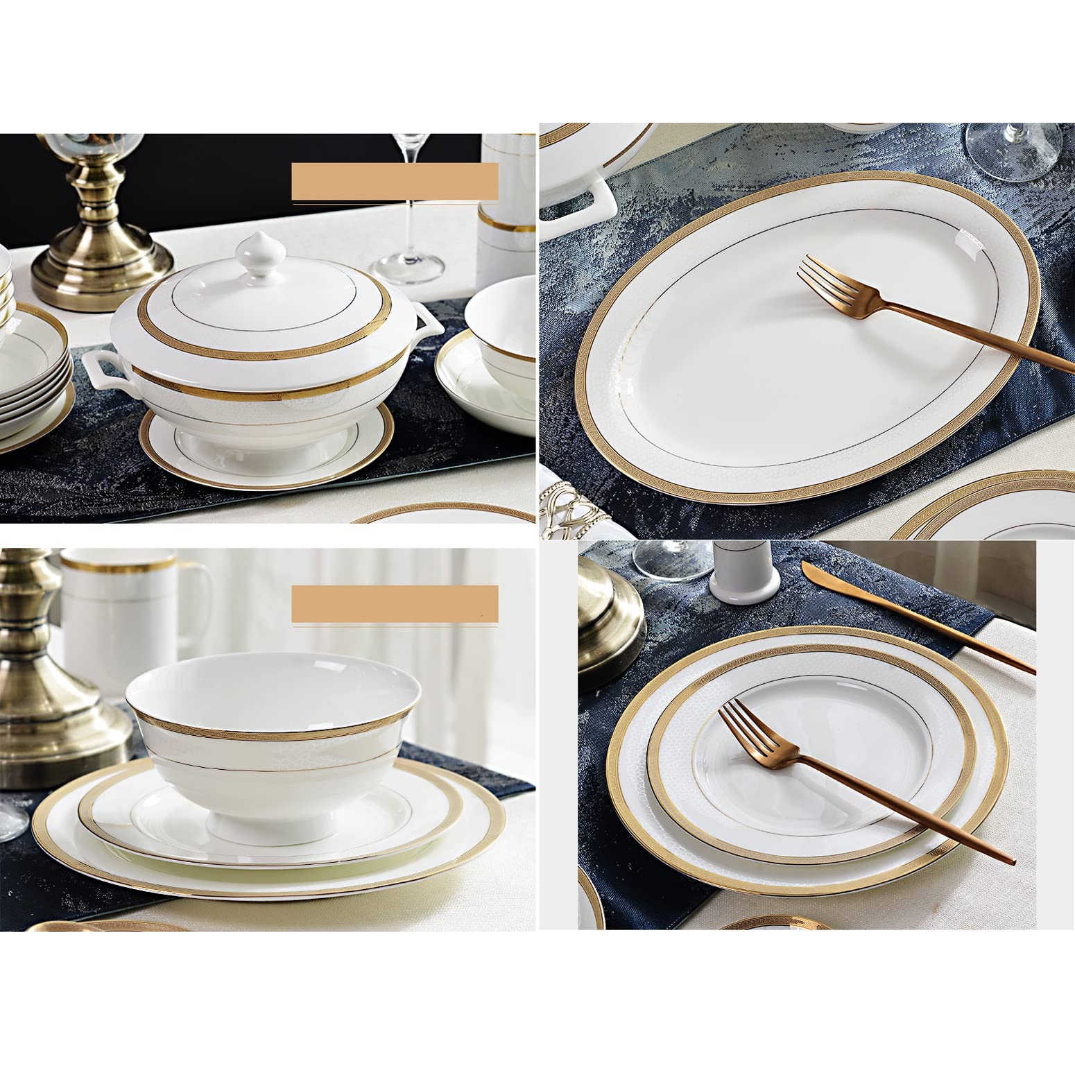 H3TF5J Zestaw straży straży Bone China, mikrofalowe, na imprezę 10, nowoczesny ze złotymi akcentami, trwałą ceramikę do użytku w pomieszczeniach i na zewnątrz