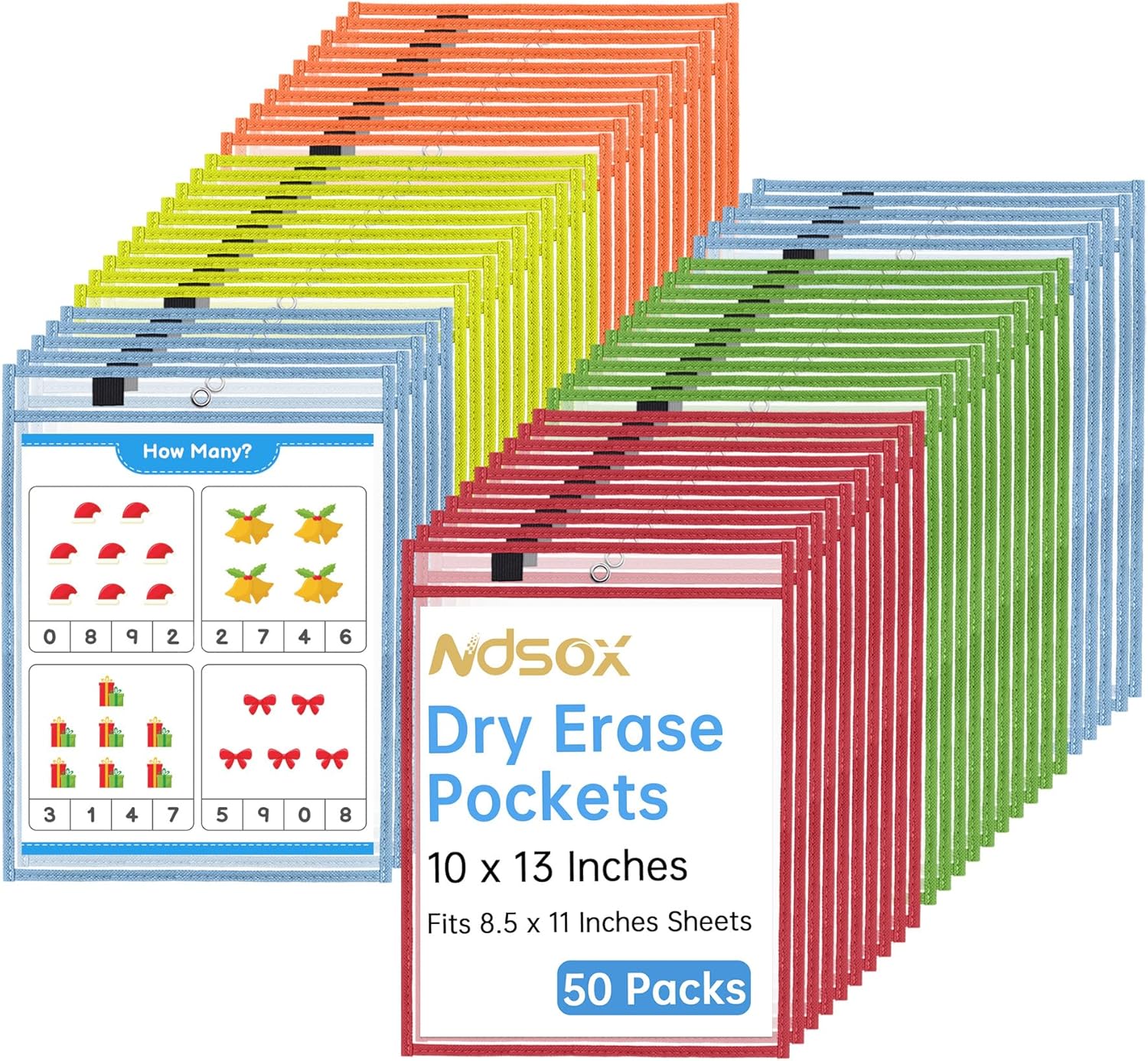 Ndsox 50 Packs Oversized Dry Erase Pockets Reusable Plastic Sleeves, 5 Colors Shop Ticket Holders & Sheet Protectors Document Sleeves for Teachers, Classroom Organization, School Supplies Must Have