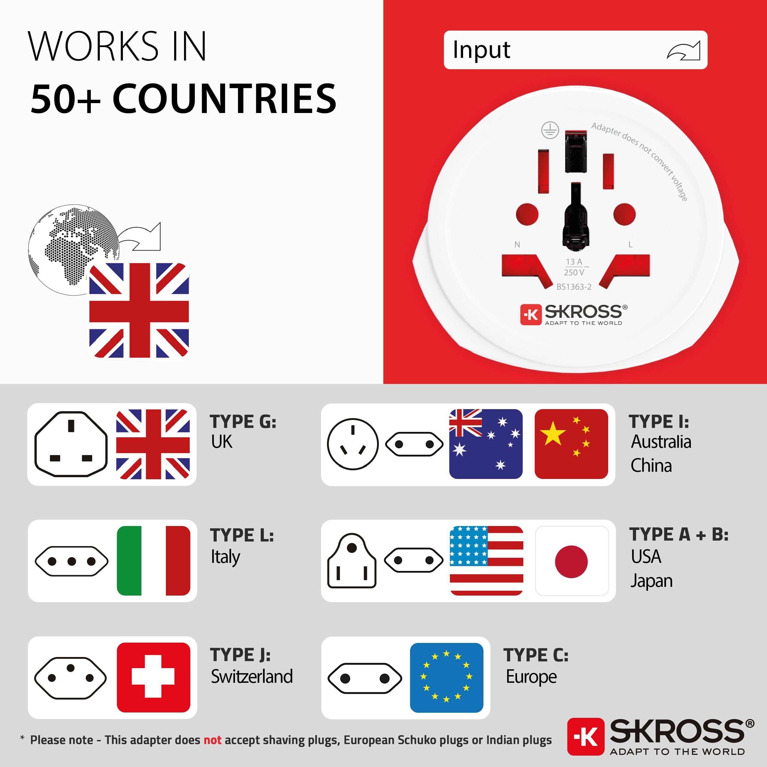 SKROSS World to UK adapter podróżny – uniwersalny adapter gniazdkowy ze świata na UK typ G, 7 A, 100-250 V, do laptopa, suszarki do włosów i elektroniki – kompaktowy i bezpieczny