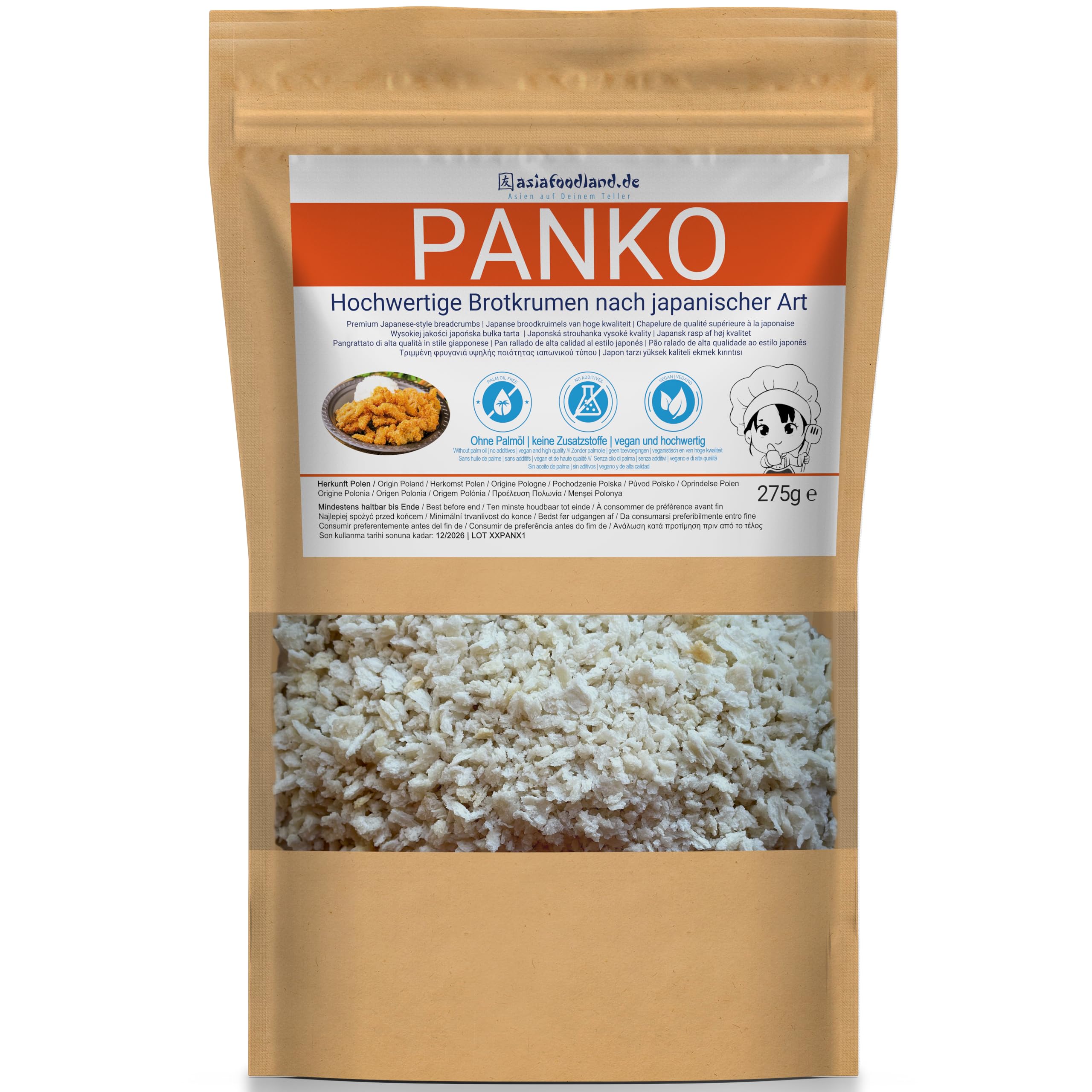 Asiafoodland - Panko Premium - Pan rallado - sin aceite de palma, sin aditivos, vegano - Pan rallado - Migas de pan al estilo japonés, paquete de 1 (1 x 275 g)
