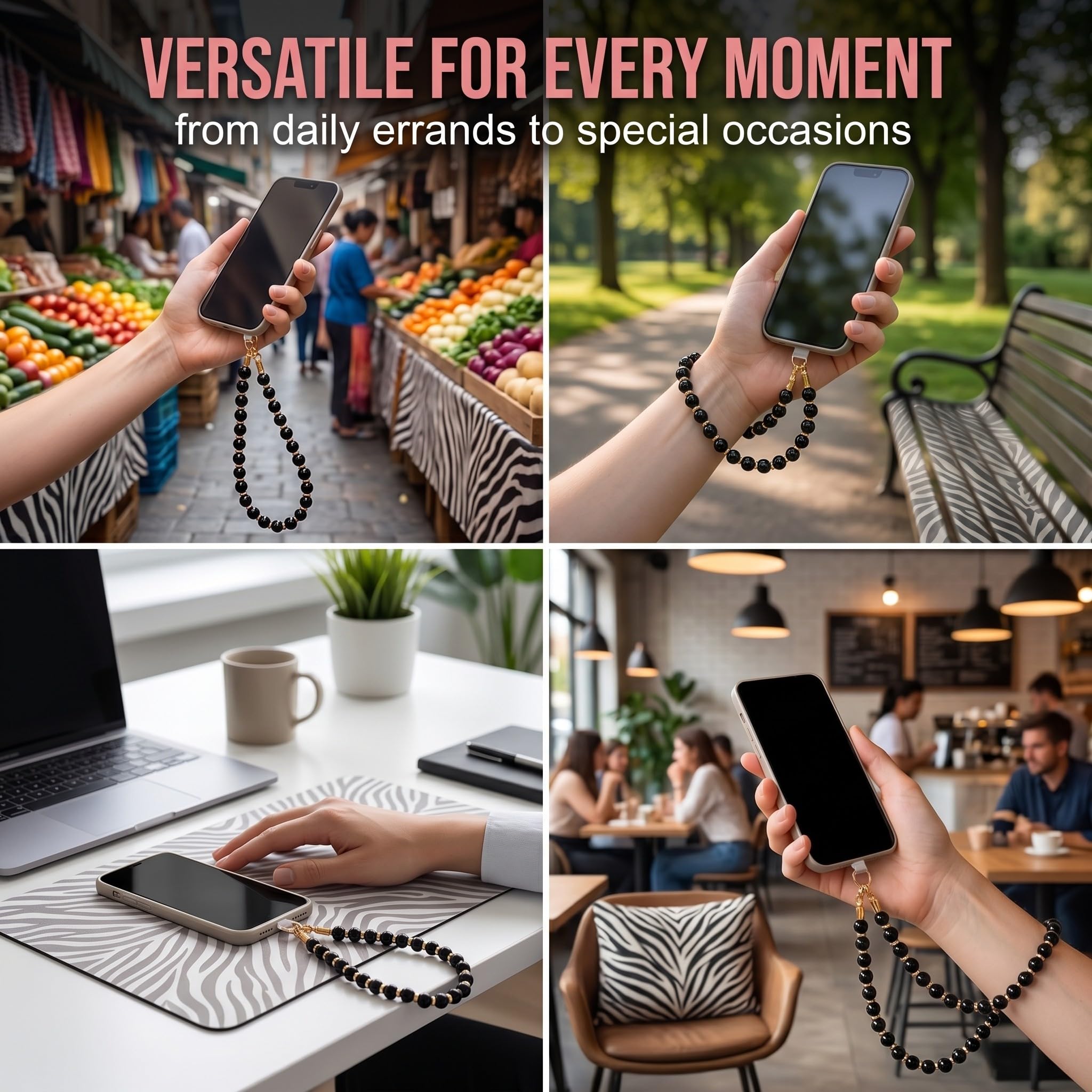 Bijoux de Téléphone en Obsidienne Noire, Dragonne Téléphone Portable Anti-Perte, Bracelet Téléphone de Perles Élégant, Charme de Téléphone Universel pour Smartphone et Accessoires