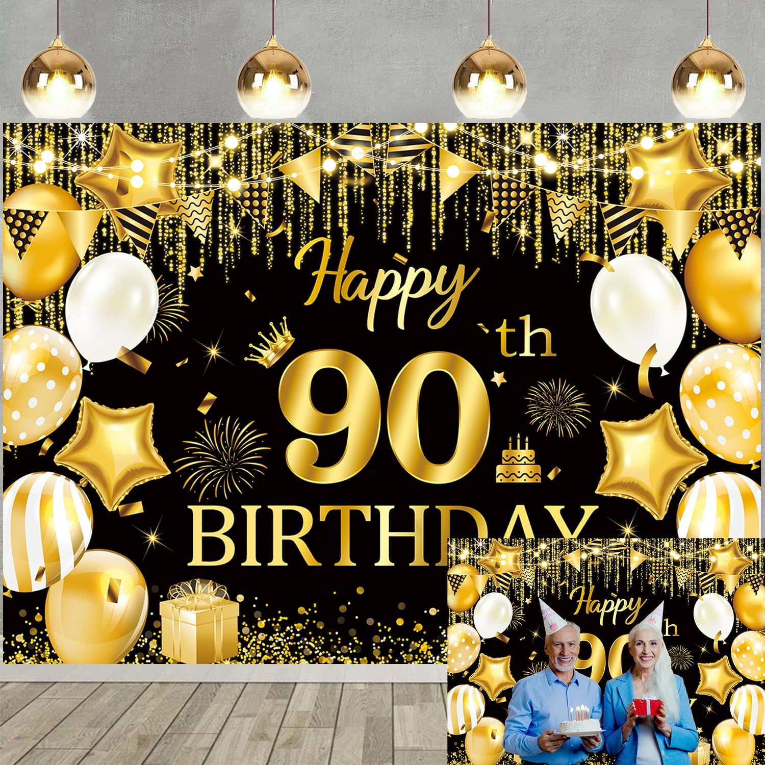 Happy 90th Birthday Glitter Black and Gold 90th Birthday Photo Backdrop for Adults Fabulous Party Decoration Photo Booth Backdrop 6x4ft
