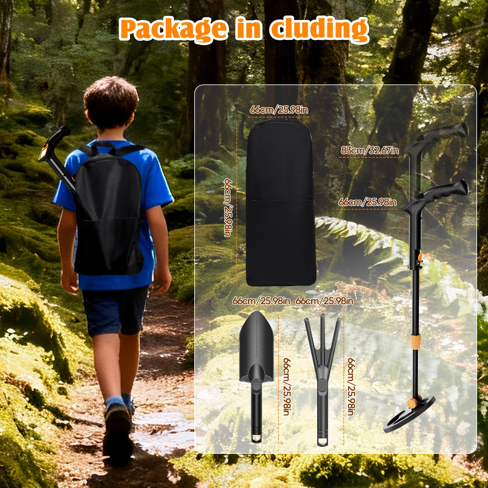 Detecteur Metaux Enfant, Léger Detecteur de Metaux Enfant avec Tige Réglable de 66 à 83 cm, écran LCD et Disque de Recherche étanche, Détecteurs de Métaux pour Enfants avec Pelle Râteau Tamis Sac