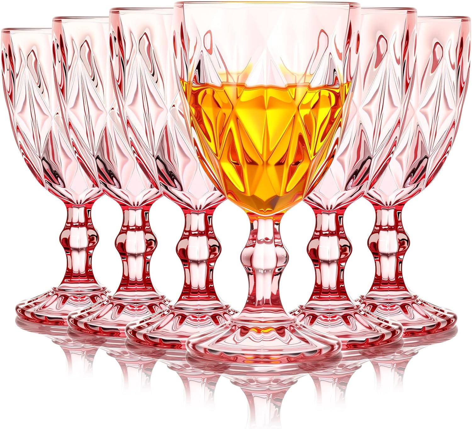 Yinder Glass Goblet Vintage Wine Goblet Embossed Glassware 10 oz Solid Color Glass Stemmed Cups for Iced Tea Beverage Soda Juice Water Liquor and Party Wedding Bars Restaurants(Pink,6 Pack)