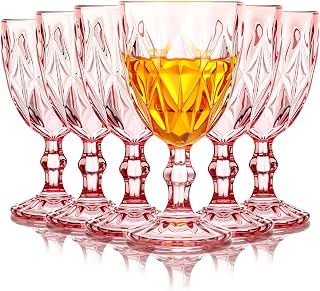 Yinder Glass Goblet Vintage Wine Goblet Embossed Glassware 10 oz Solid Color Glass Stemmed Cups for Iced Tea Beverage Soda Juice Water Liquor and Party Wedding Bars Restaurants(Pink,6 Pack)