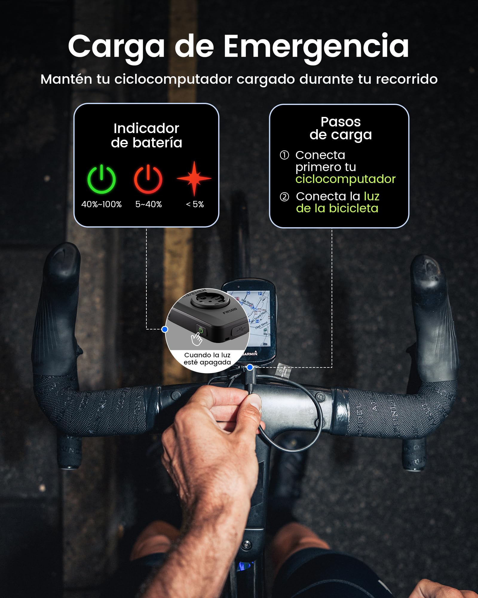 RAVEMEN FR500 500 Lúmenes Luz Delantera para Bicicleta de para Ciclismo Diurno y Nocturno, Compatible con Garmin/Wahoo Ciclocomputadores, 6 Modos USB C ON/Off Automático IPX6 Resistente al Agua