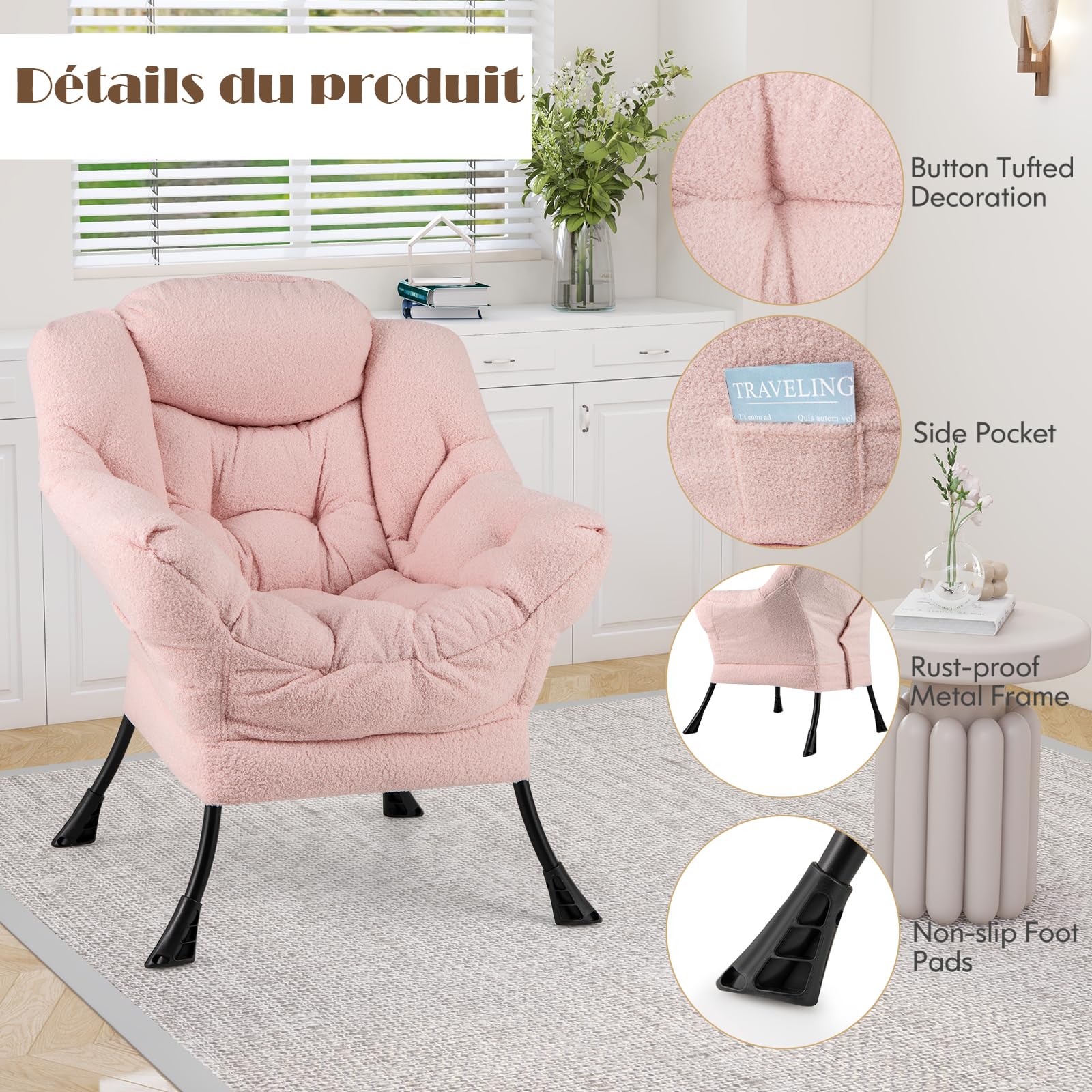 HOMASIS Sillón reclinable tapizado, sillón con reposabrazos y Almohada, sillón de Lectura con Bolsillo Lateral, sillón TV en Tela y Metal para salón Dormitorio (Modelo 1 sin Taburete, Rosa)