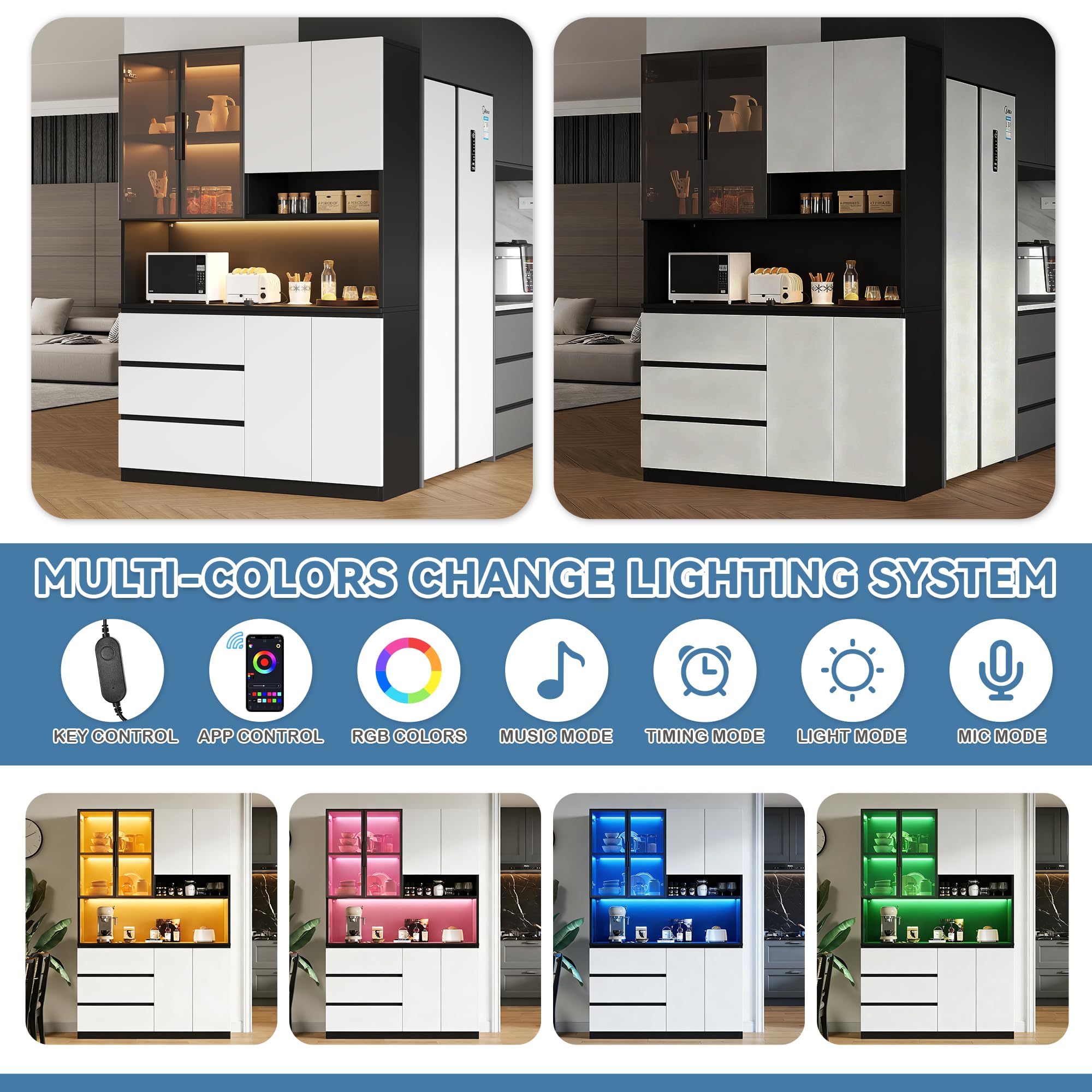 REXO Vetrina da cucina multifunzionale, con illuminazione a LED, 6 ante, 3 cassetti, ripiani, per riporre stoviglie, microonde, L 120,5 x P 40 x H 180 cm, bianco + nero