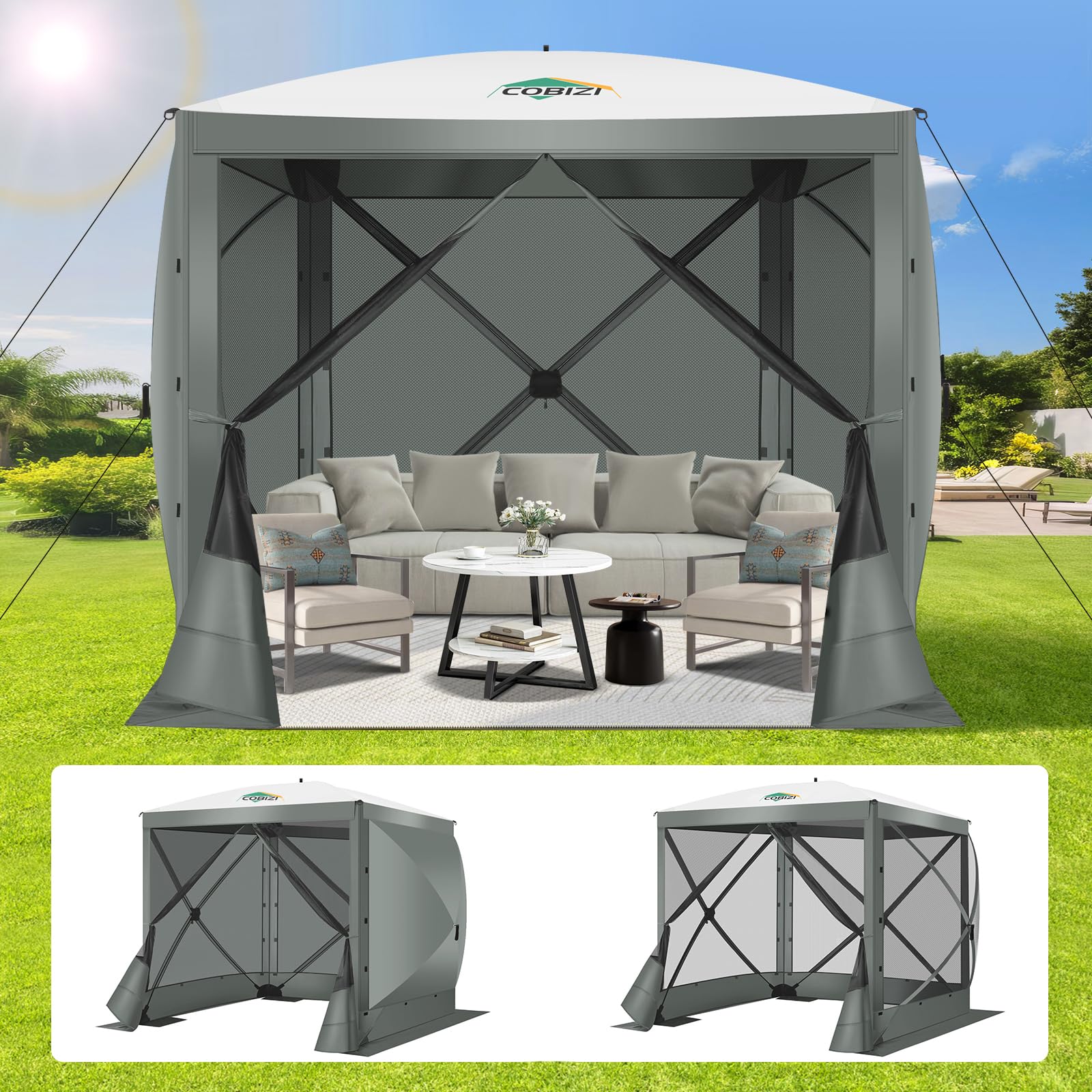 COBIZI Pop Up Gazebo Screen Tent Screen House for Camping, 8FTx8FT Screen Room with Sidewalls and Mosquito Netting, Hub Tent Instant Screened Canopy with Carrying Bag and Ground Stakes, Gray