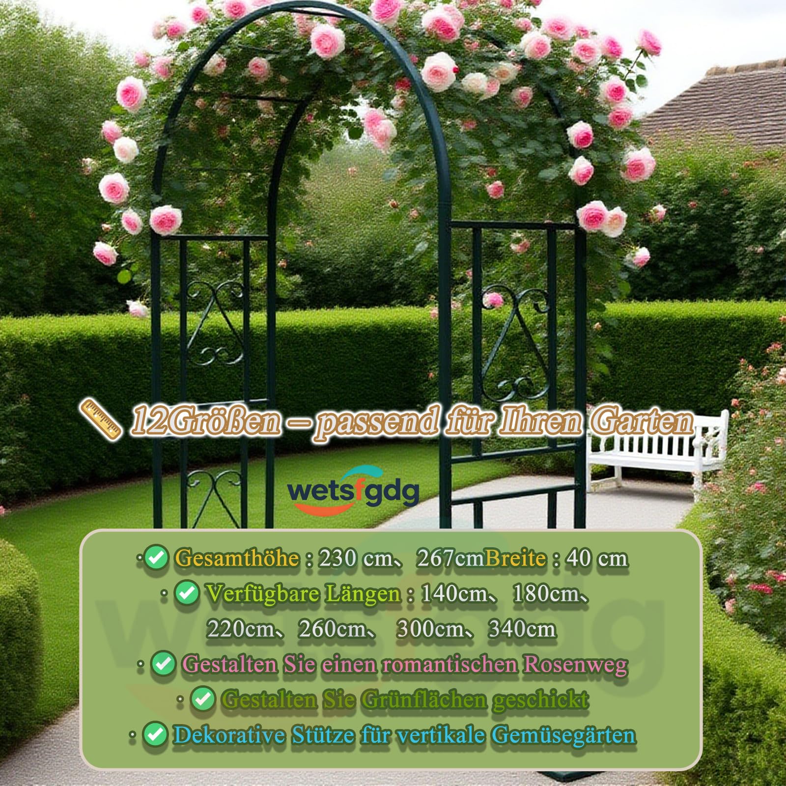 Rosenbogen 180 cm Breit Gartenbogen aus Metall Starker Rankbogen für Kletterpflanzen, Deko für Hochzeit, Balkon & Garten, wetterfest Schwarz-B-L180xW40xH230cm