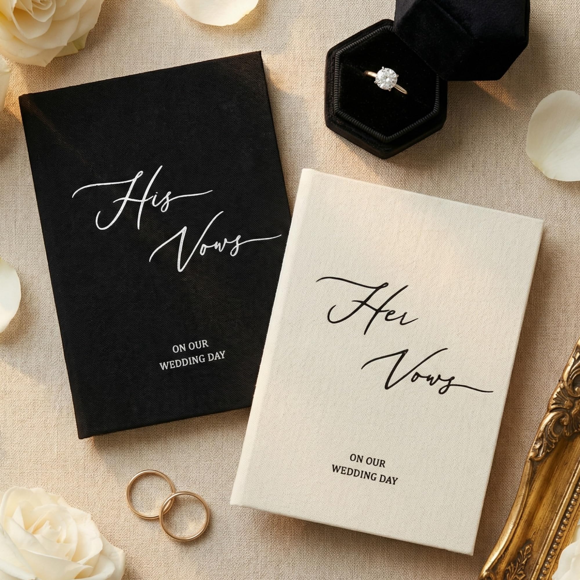 ForraFun Set of 2 Wedding Vow Books His and Hers Fabric Cover Gold Foil Stamping on The Sides 60 Lined Pages 5.9 x 4.1 inch His and Hers Vow Books Wedding Essentials Gift(Black, White)